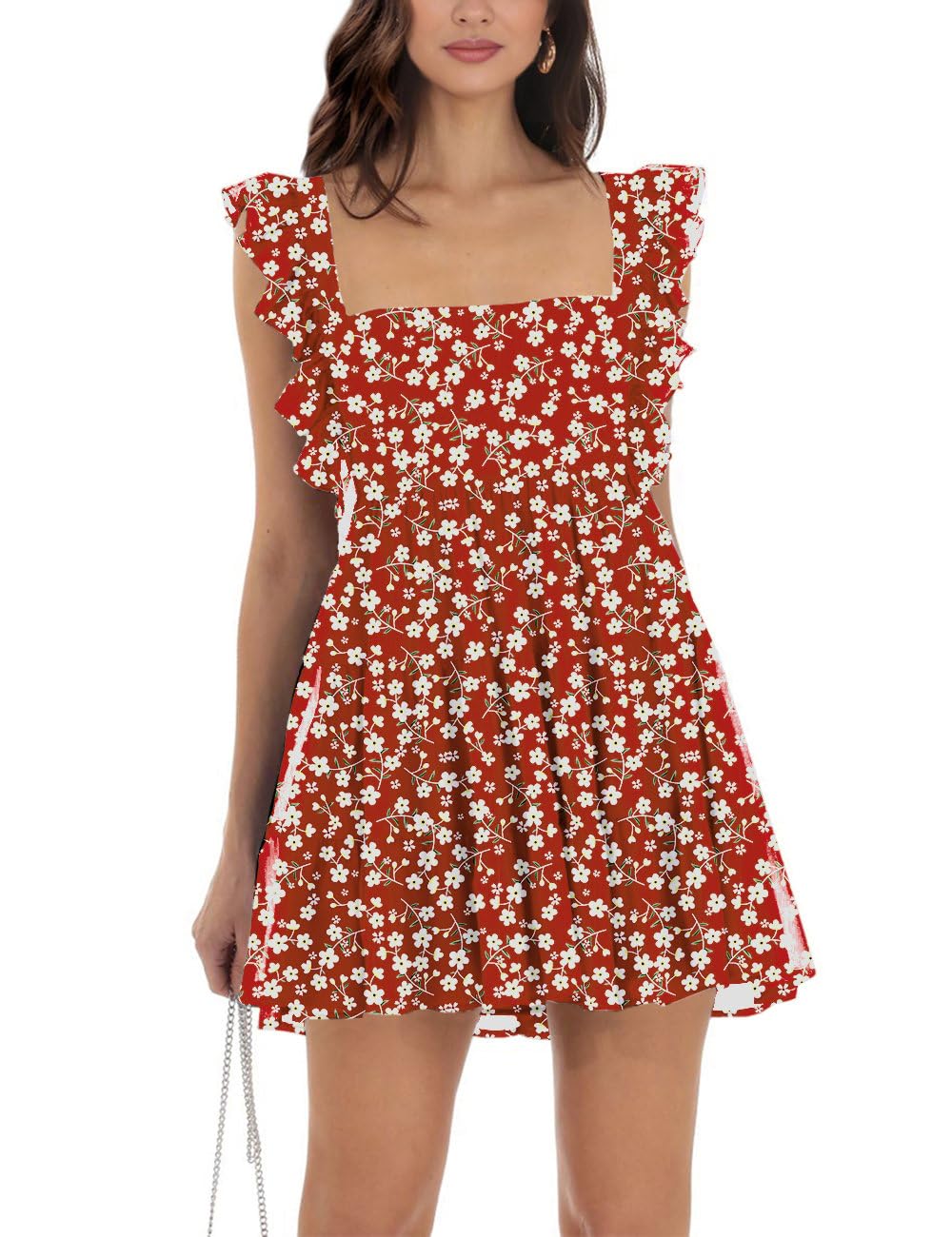 Women’s Summer Square Neck Tie Back Ruffle Sleeve Tiered Casual A-Line Short Mini Dress