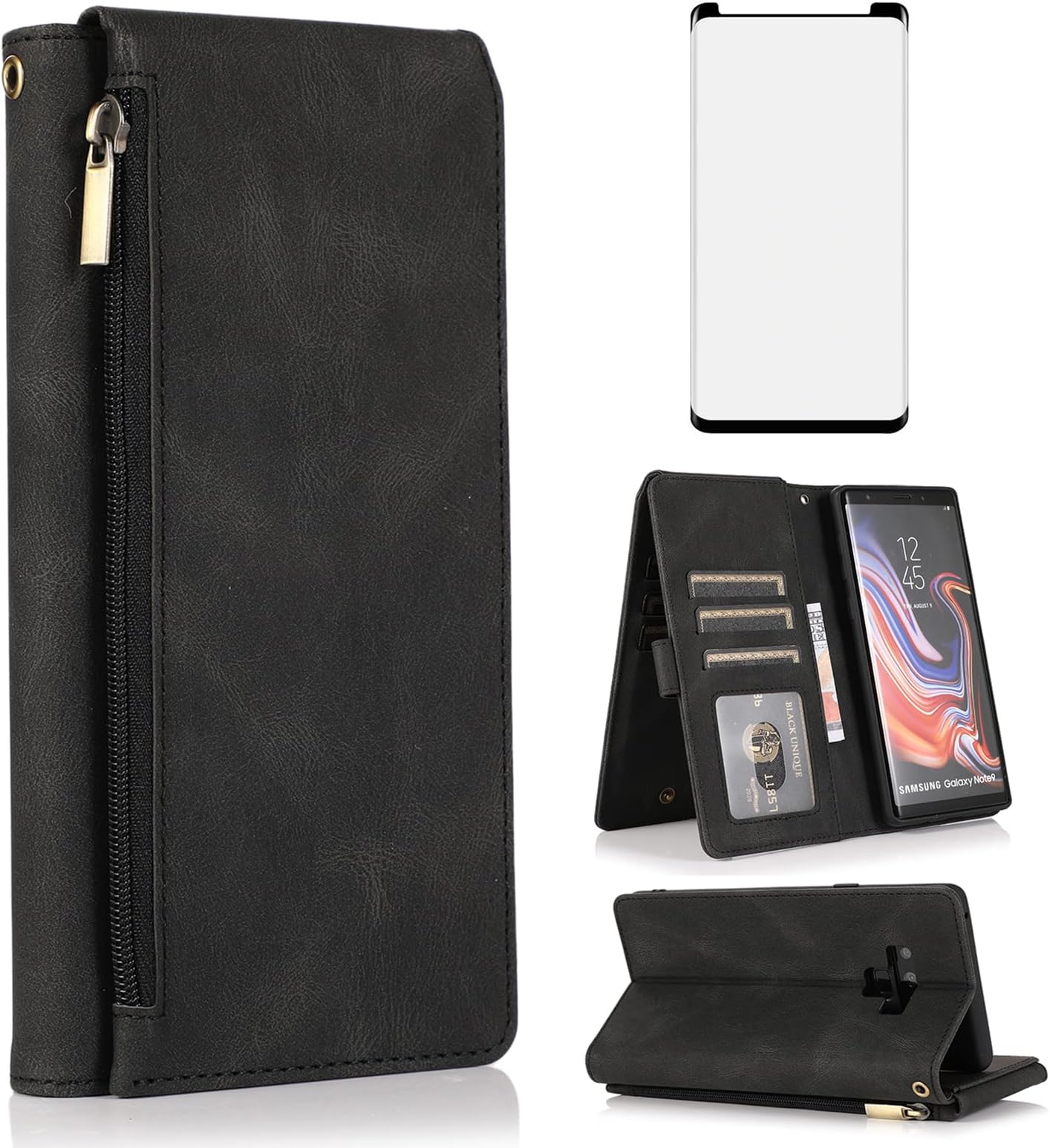 Asuwish Compatible with Samsung Galaxy Note 9 Wallet Case Tempered Glass Screen Protector Zipper Leather Flip Cover Card Holder Stand Cell for Galaxies Note9 Gaxaly Glaxay Not S9 Women Men Black