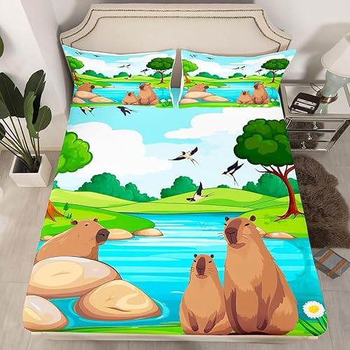Sábanas bajeras de Capybara para niños pequeños, sábanas bajeras de animales salvajes de dibujos animados para niños y niñas, juego de ropa de cama