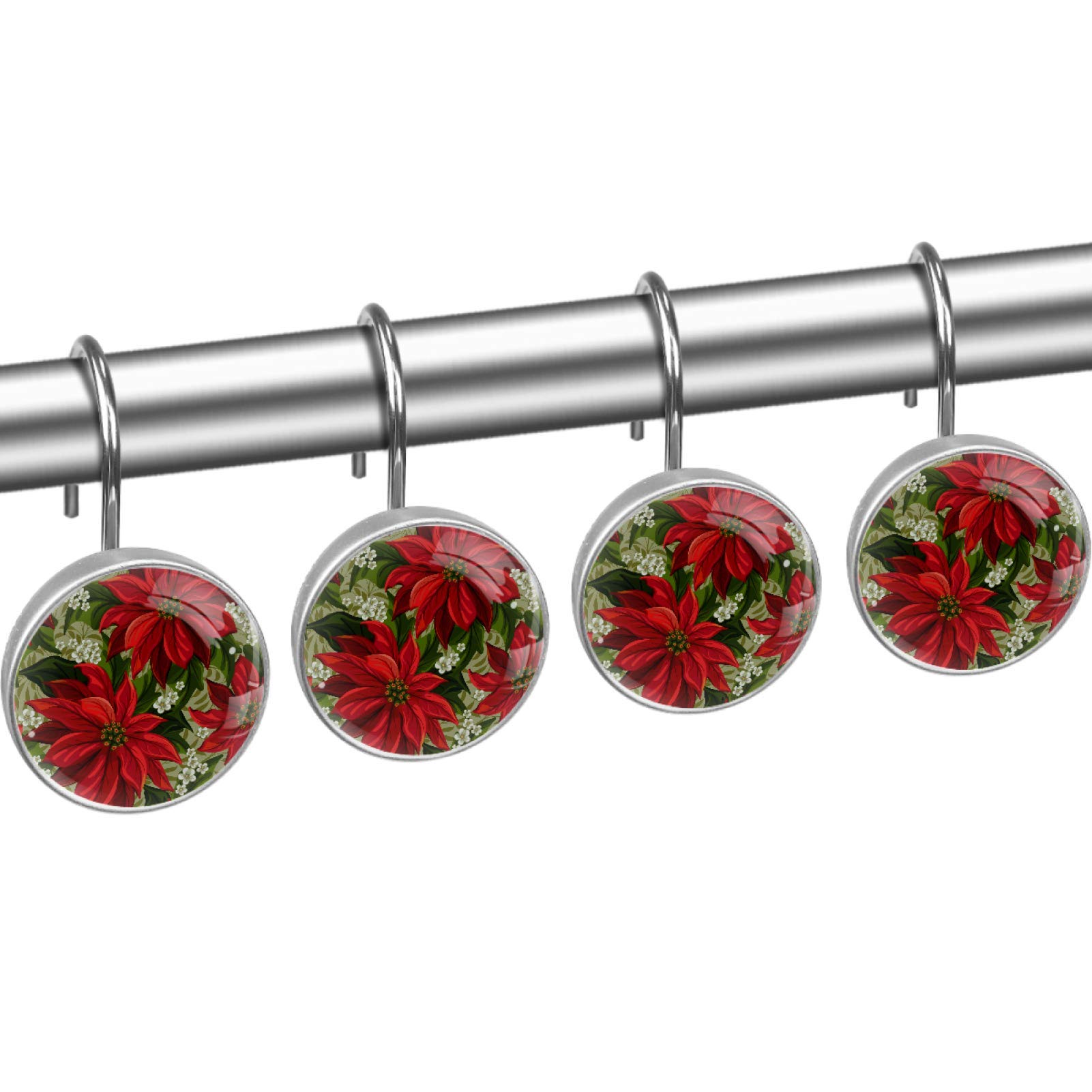 Siebzeh Wonderful Poinsettia Flower 12PCS Shower Curtain Hooks Metal Resin Hooks Anti Rust Glass Stainless Steel Hooks for Bathroom Baby Room Living Room Home Decor