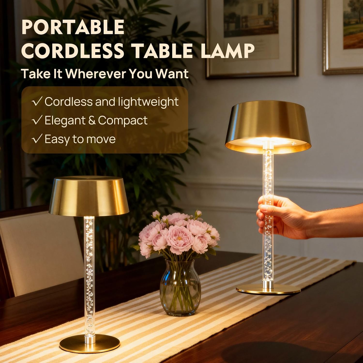 Waterproof Shower Rechargeable Lamp Cordless, LED Touch Battery Operated Table Lamp, Dimmable, Modern Home Decor, Outdoor, Patio, Bathroom, Bedroom, Bedside, Kitchen, Gold