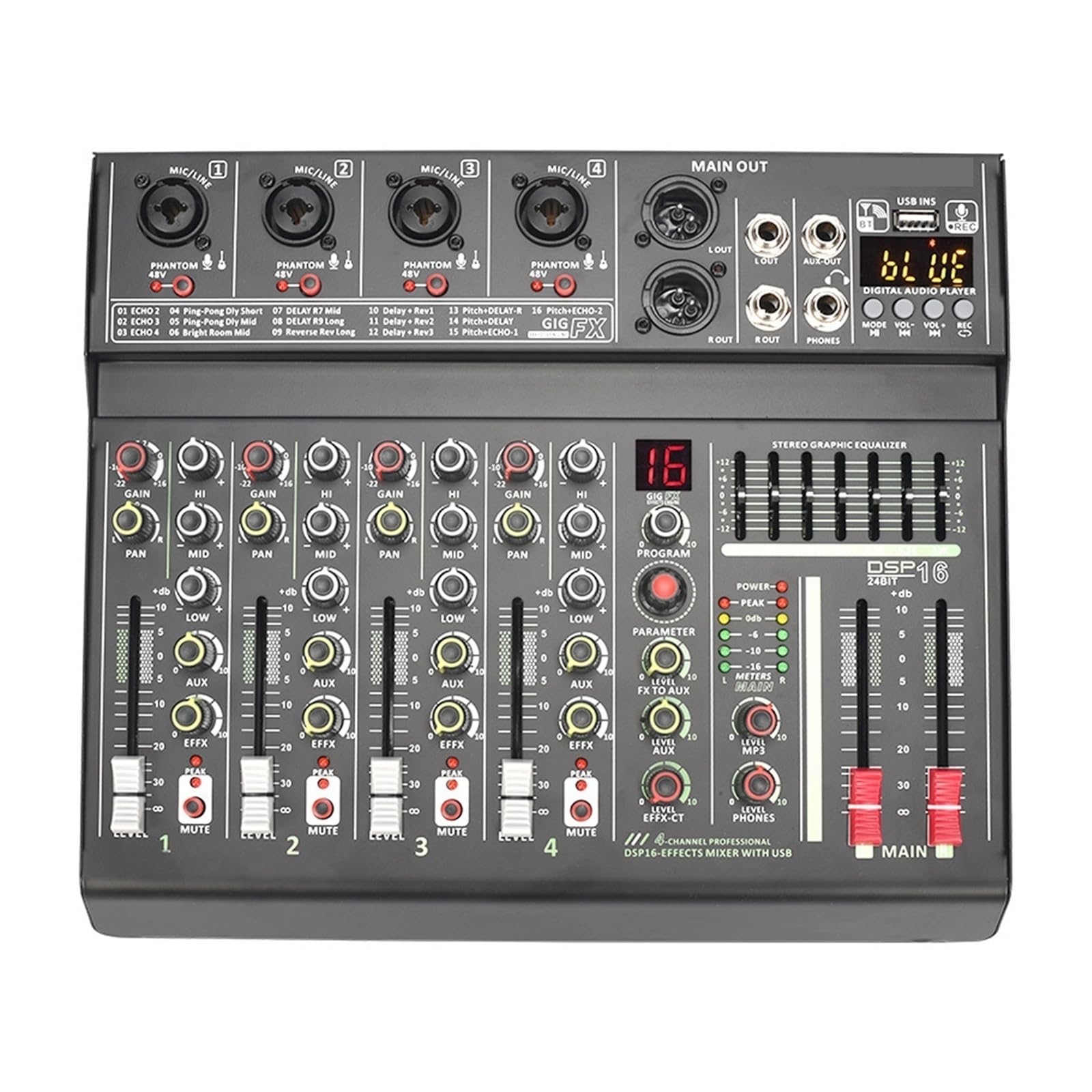 Mikser audio, 70mm Fader Mixer 4 Channel 7 Band EQ 16 Effects Mixing Console Individual 48V USB Play Record Sound Table do karaoke w studiu