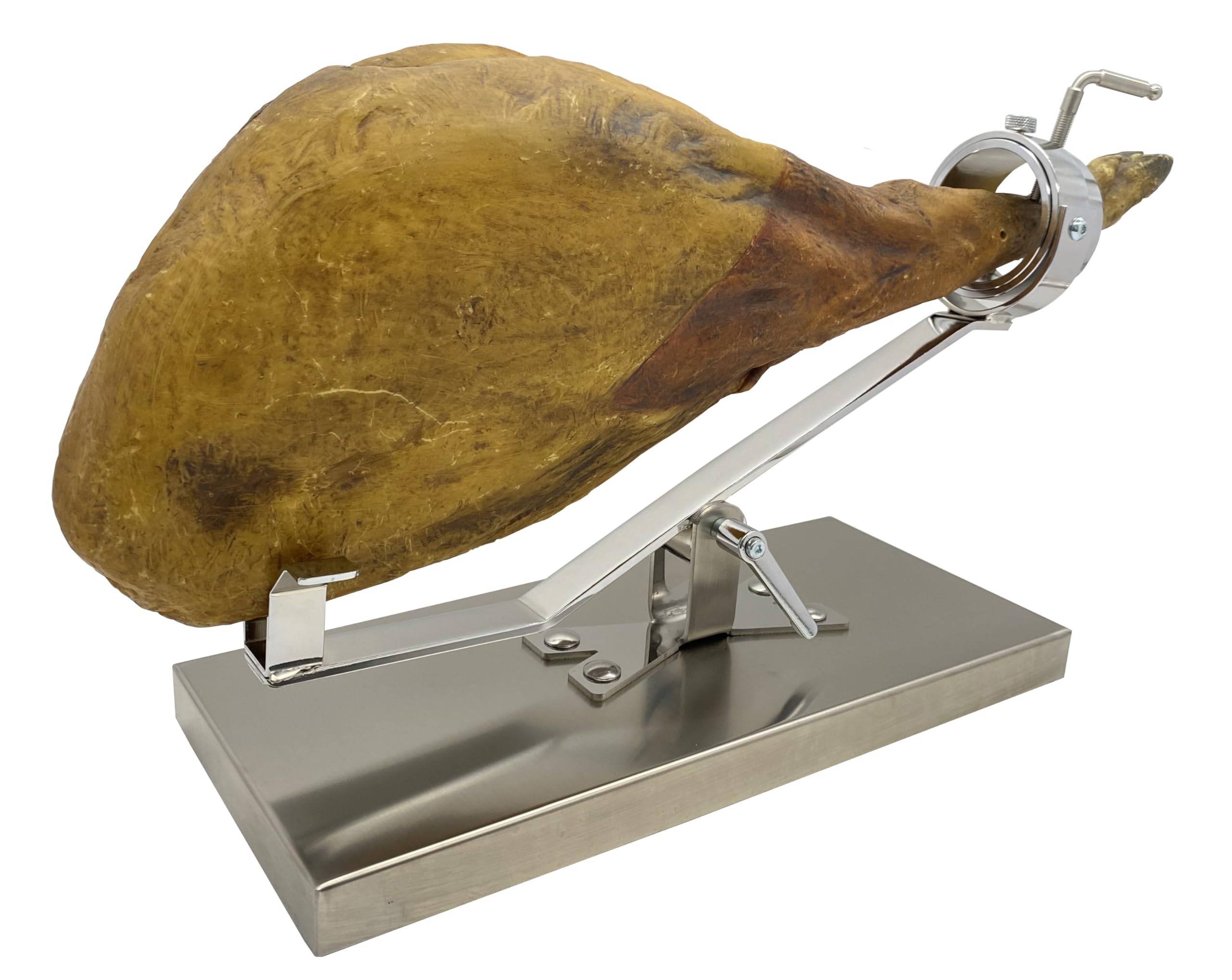 LepantoHouse Soporte Jamonero Future Basculante Giratorio Base Inoxidable para Jamones y Paletillas + Cuchillo Arcos Niza + CHAIRA + Cubre Jamon + Pinza (Inoxidable)