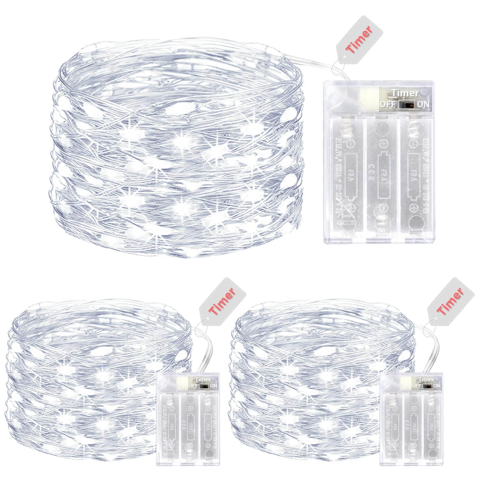 litogo LED Lichterketten Batterie mit Timer, 3 Stück 5M 50er Micro LED Lichterkette Draht Innen Batteriebetrieben für Party Weihnachten Weihnachtsbaum Halloween Hochzeit Deko (Kaltes Weiß)