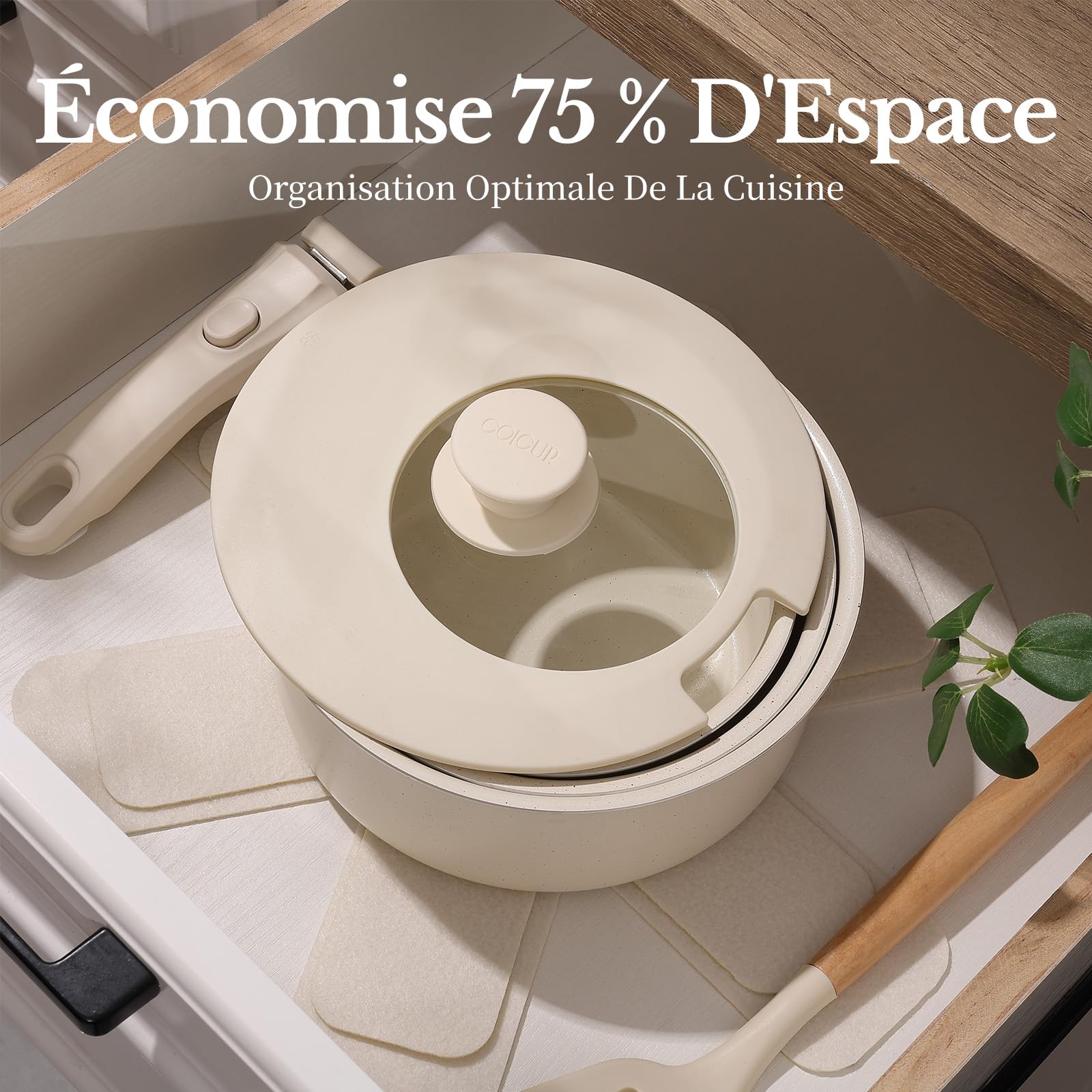 Töpfe Set mit Abnehmbaren Griffen, Keramik Topfset induktion 16/18/20cm, 3-in-1 Verschlussdeckel und 2 Vliesunterlagen Für alle Herdarten geeignet, induktionsgeeignet und ofenfest Beige