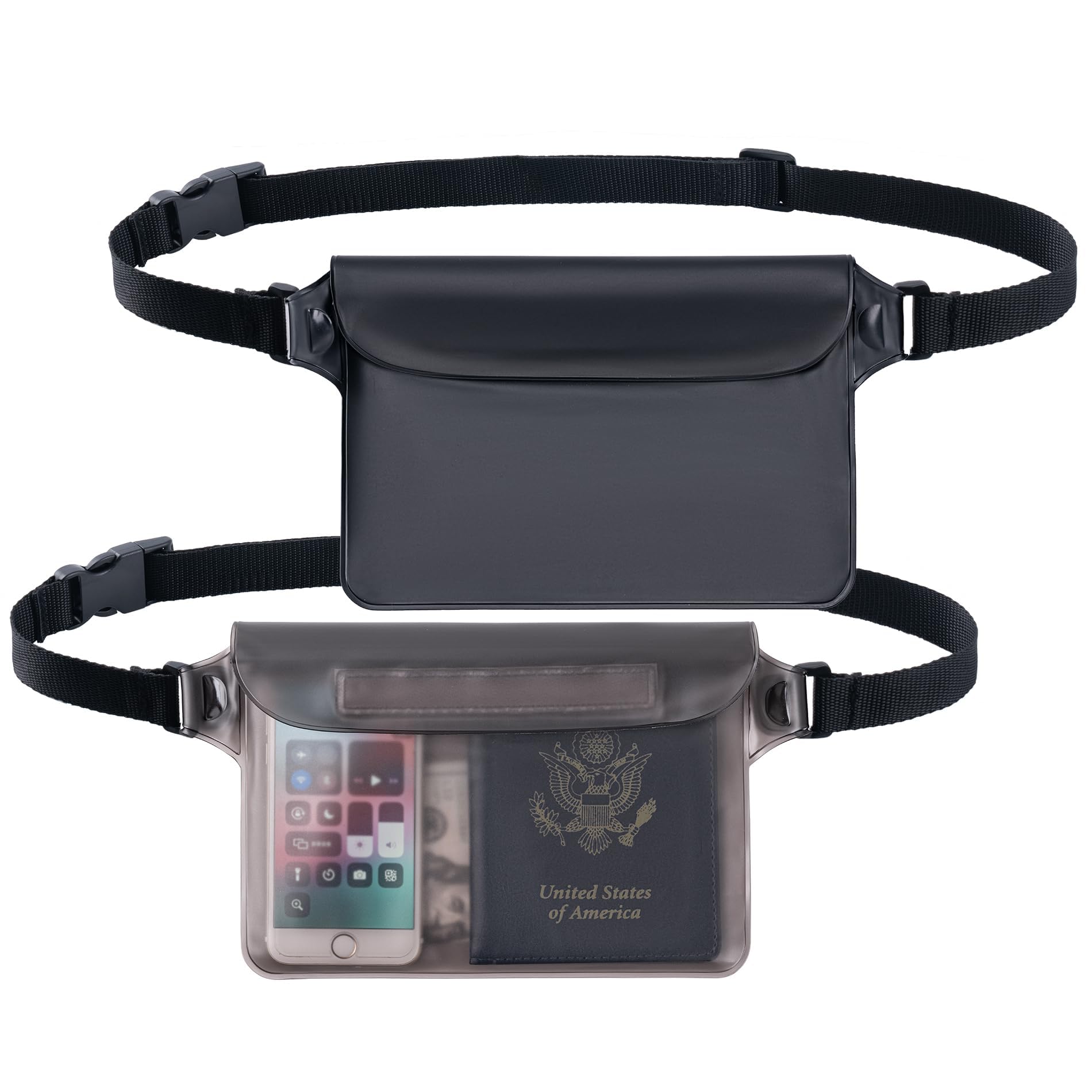 Tazweeq 2Pcs Waterproof Fanny Pack with Adjustable Waist Strap for Swimming Kayaking Boating Beach Fishing Diving Surfing Accessories Keep Cell Phones and Valuables Safe and Dry (Black)