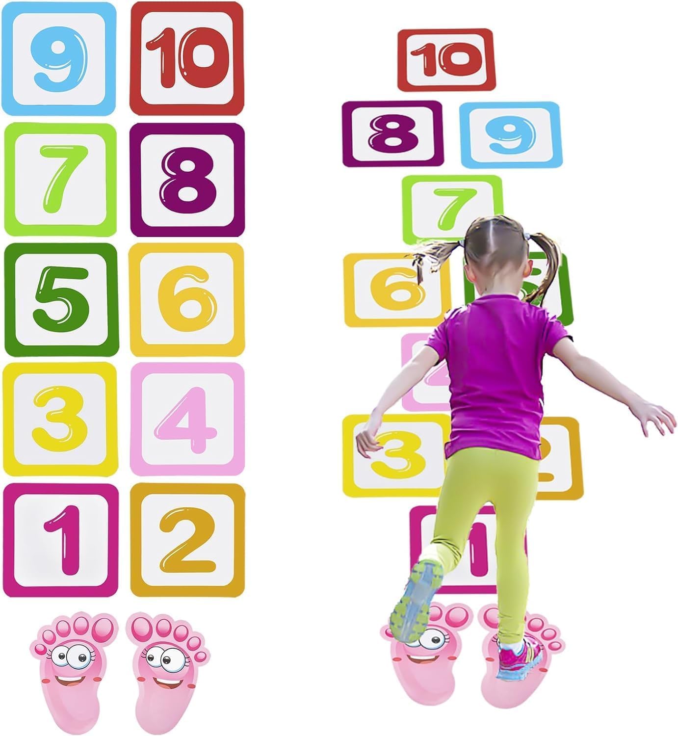 Puzzle Games Number Hopscotch, 10 Number Waterproof Hopscotch Mat Kids Wall Stickers Footprint Floor Wall Decal Colorful Wallpaper Decor for Baby Room Bedroom Classroom Ground Corridor Nursery