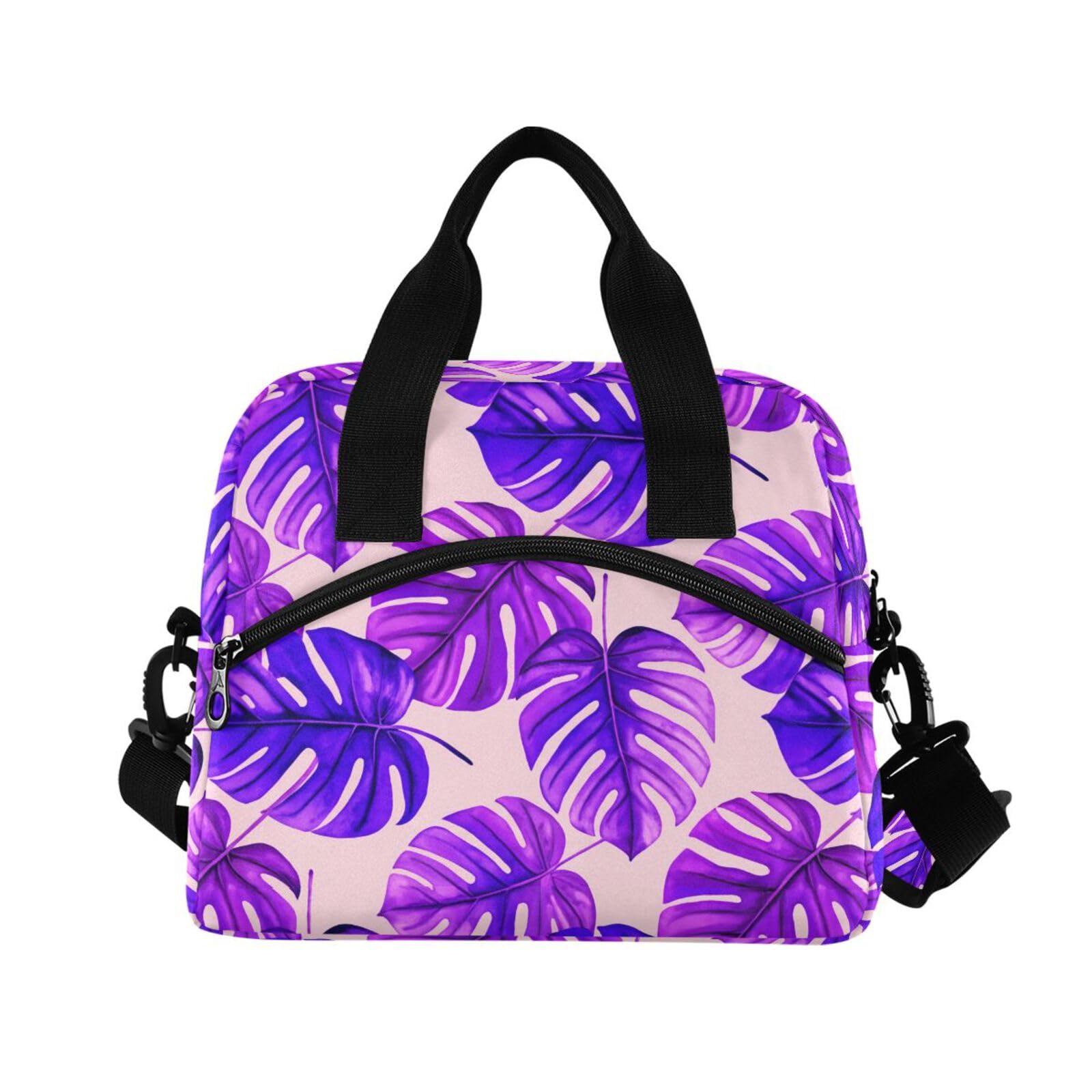 Sinestour Insulated Lunch Bag Reusable Cooler Purple Palm Leaves Lunch Box Adjustable Shoulder Strap for Office Men Women