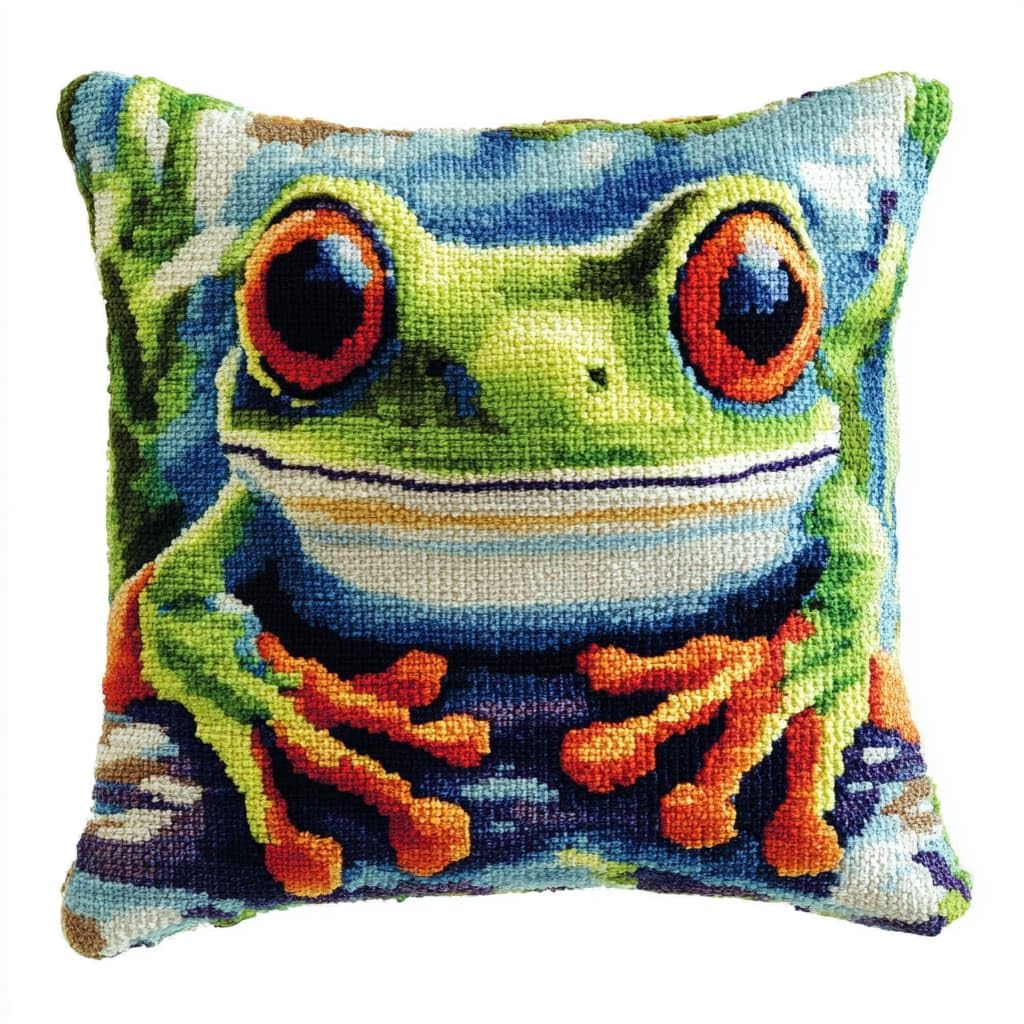 Taxpy DIY Latch Hook Kits, Animal Frog Pillow Embroidery Carpet Set Needlework Crocheting Cushion Pillow Case Embroidery Set 43x43cm