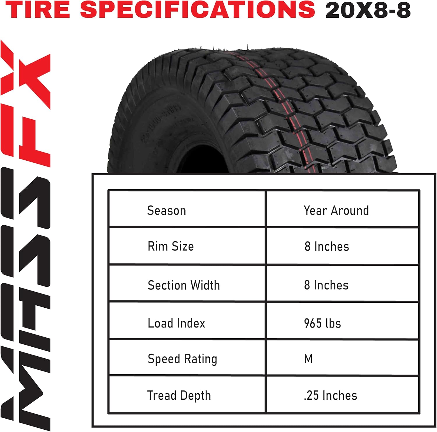 MASSFX 15x6-6 Front (2) & 20x8-8 Rear (2) Tire Set for Turf, Lawn & Garden Use on Outdoor Equipment and Lawn Mowers - 4-Ply with Chevron Tread 15x6x6; 20x8x8 (4-Pack)