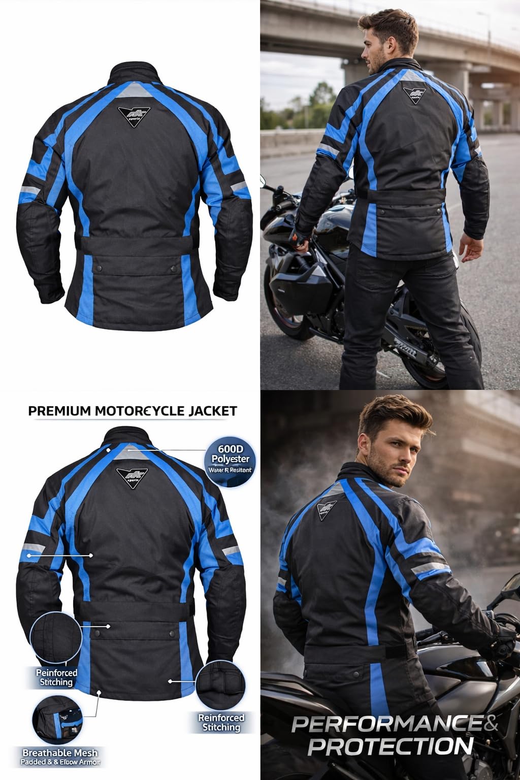 WODOODPORNA KURTKA MOTOCYKLOWA CZARNA CE ARMORY, NIEBIESKI, 3XL