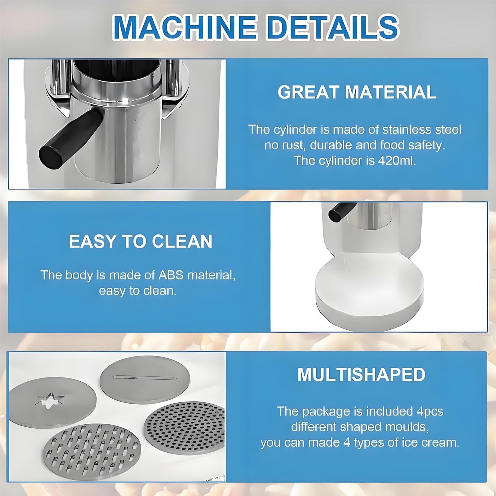 Máquina Heladera Spaghetti 80W Profesional, con 4 Moldes INOX, Extrusora De Helado Italiano, para Restaurantes, Bares, Heladerías