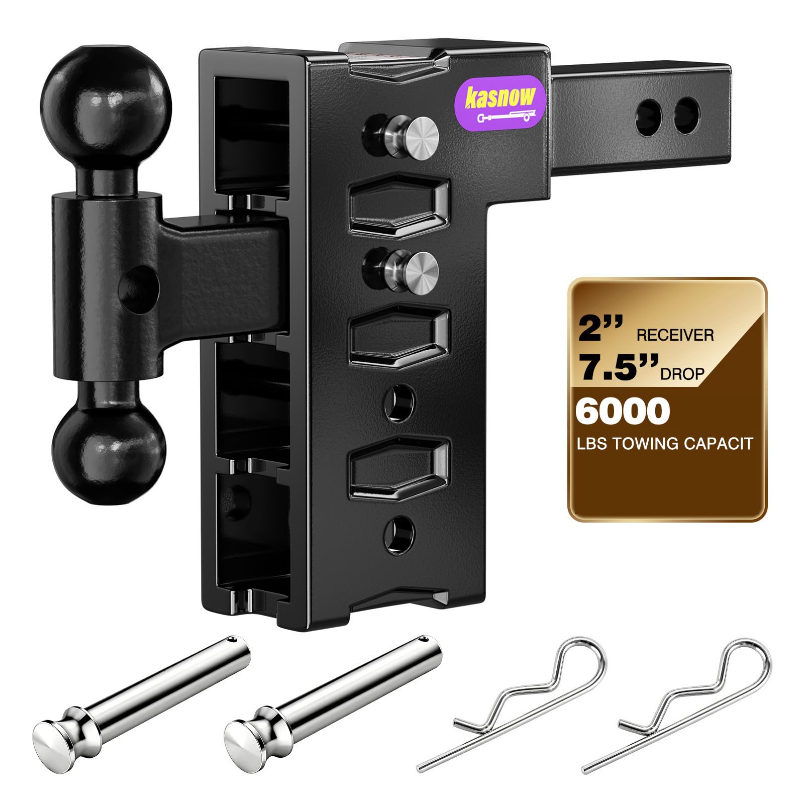 Adjustable Trailer Hitch for 2" Receiver 6000 LBS Towing Capacity, Tow Hitch with 7.5" Drop/Rise, Dual Ball Mount (2" &amp; 2-5/16") with Locking Hitch Pins, Drop Hitch for Trucks, RV, Towing