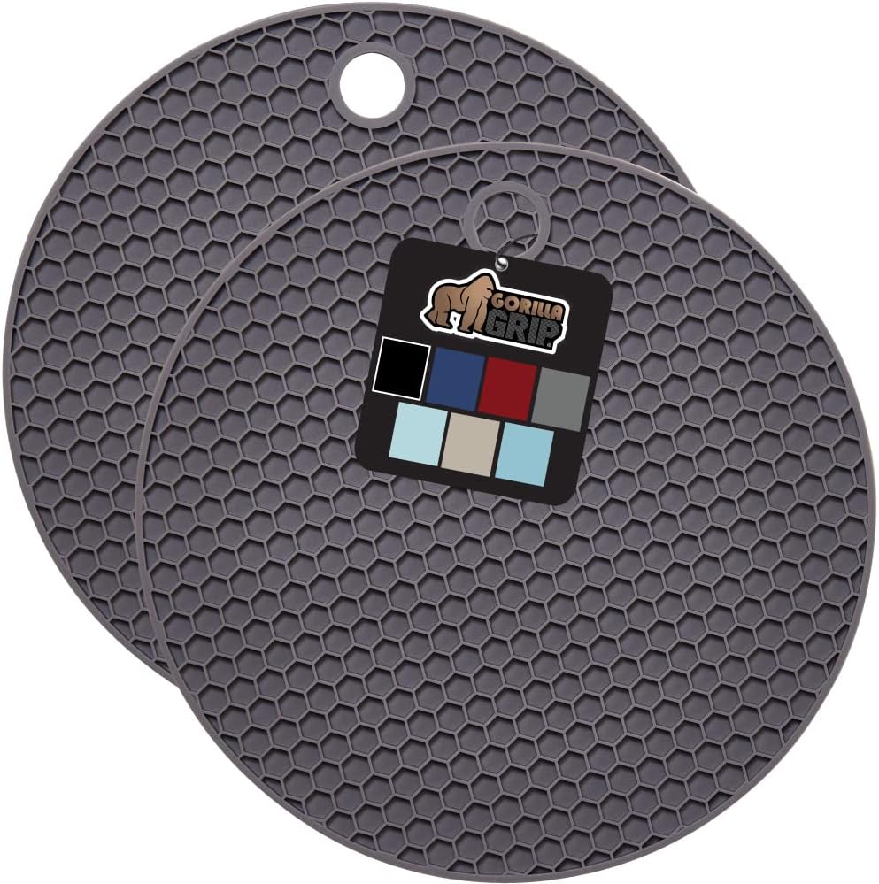 Gorilla Grip Heat and Slip Resistant Trivets, Oversized Round Silicone Potholders, Durable Kitchen Trivet, Up to 480 Degrees, Protect Table Surfaces from Hot Dishes, Dishwasher Safe, 2 Pack, Gray