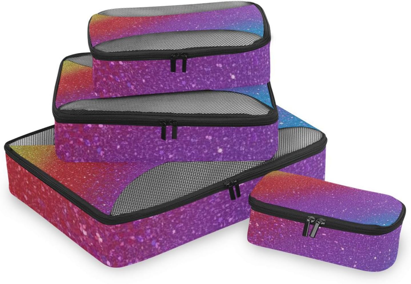 Rainbow Gradient Glitter 4 Pcs set organizer for travel Mesh Travel Essentials expandable packing cubes