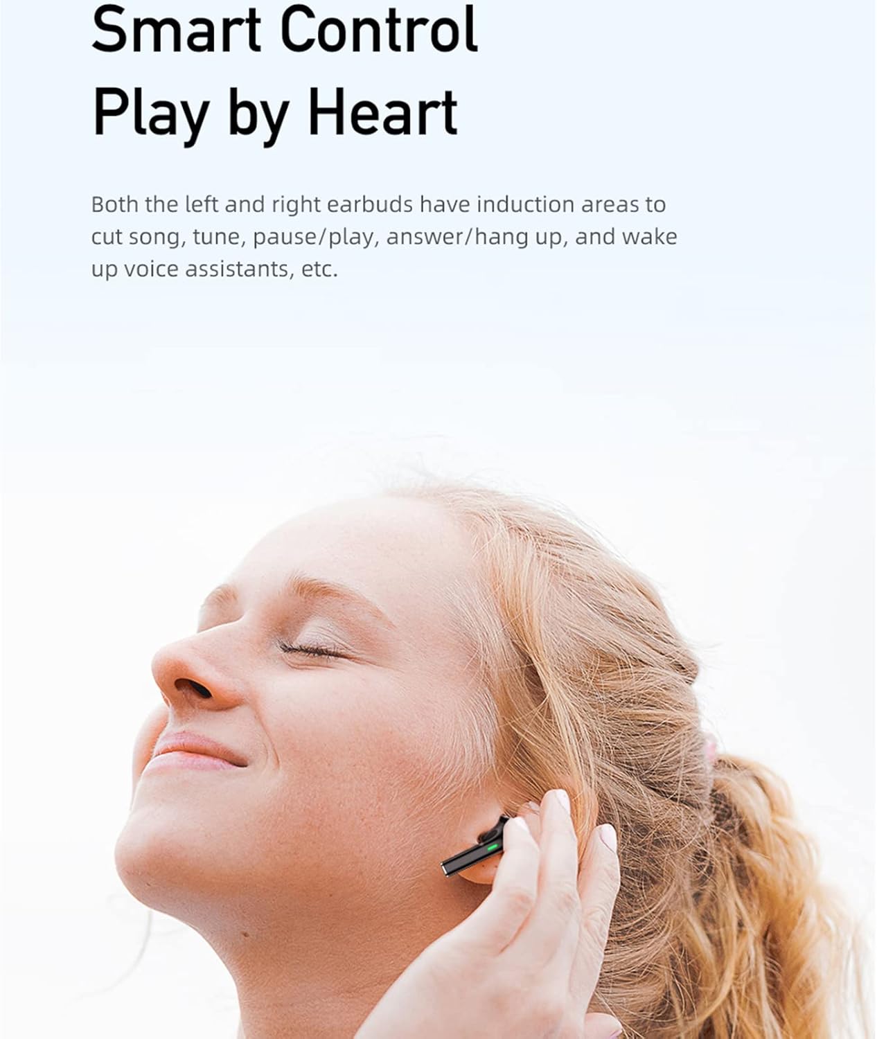 Woman using touch controls on AWEI T26 Pro Earbud