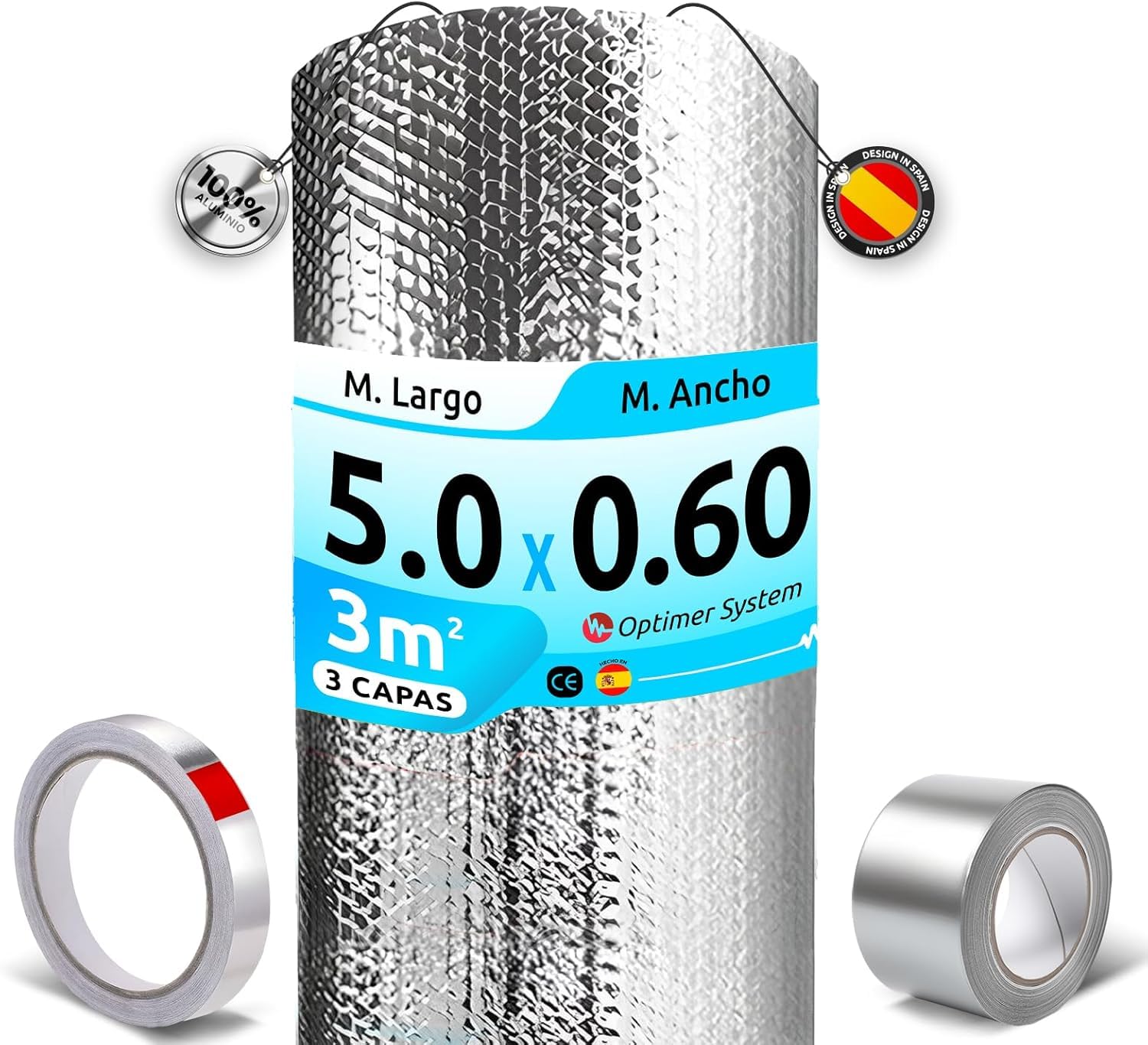 AISLANTE TERMICO MULTIUSOS PREMIUM | Reduce el Frio y el Calor |100% ALUMINIO|Aislante Termico para Ventana, Pared, Suelo, Techo, Coche, Garaje [ 0.6 X 5m ] (3m²) + 2 cintas adhesivas