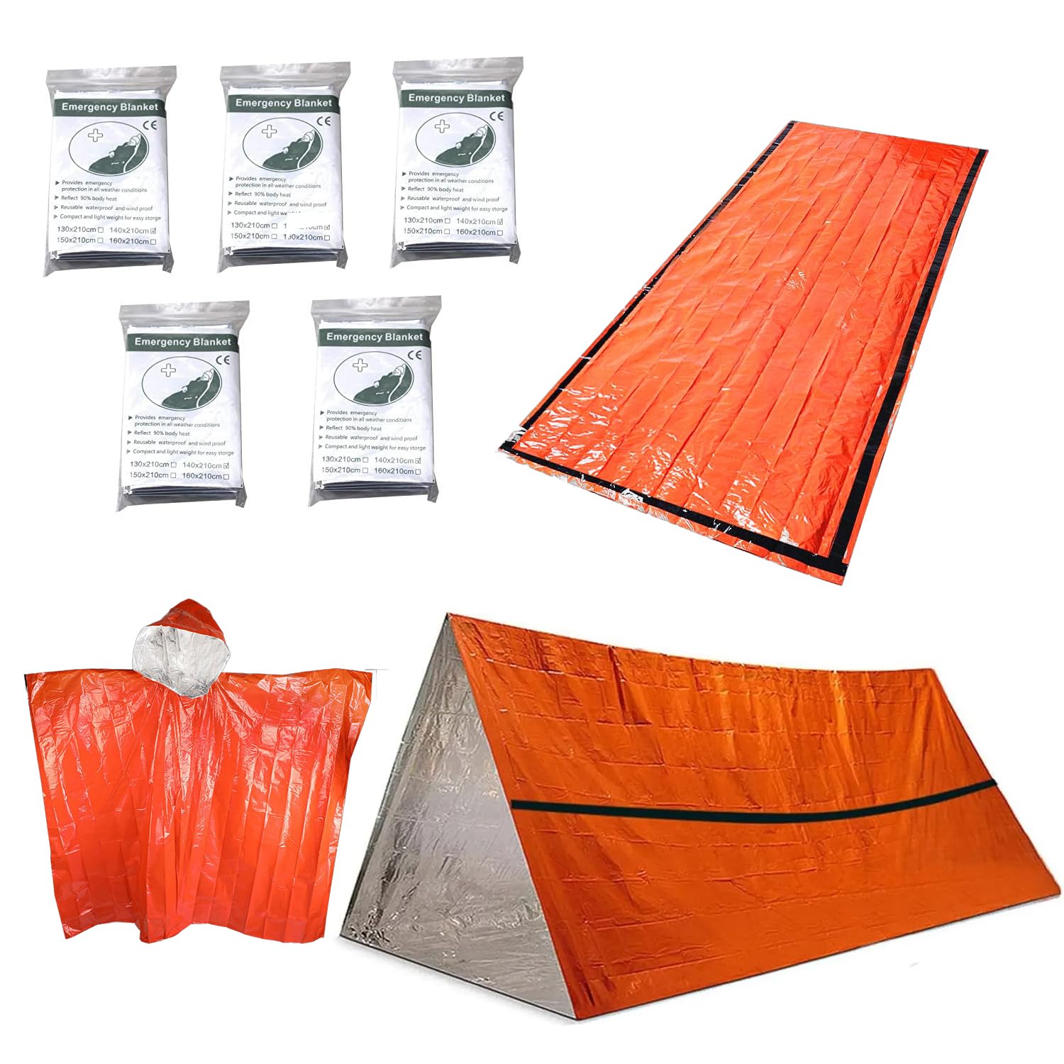 Kits de survie isolés pour l'extérieur - Couvertures d'urgence (lot de 5), 1 sac de couchage d'urgence, 1 tente d'urgence, 1 poncho d'urgence en Mylar