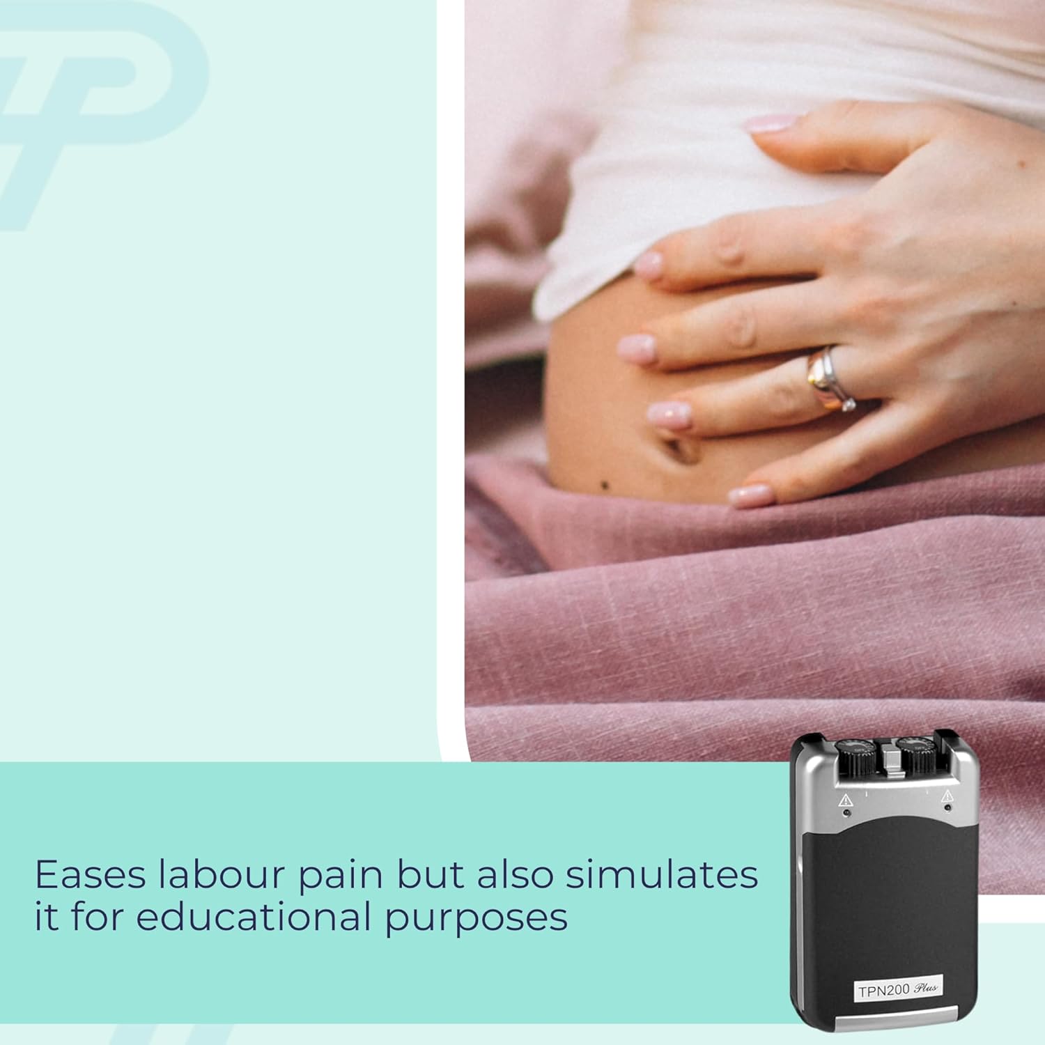 TPN 200 Plus TENS unit shown near a pregnant woman's abdomen, indicating its use for labor pain relief.
