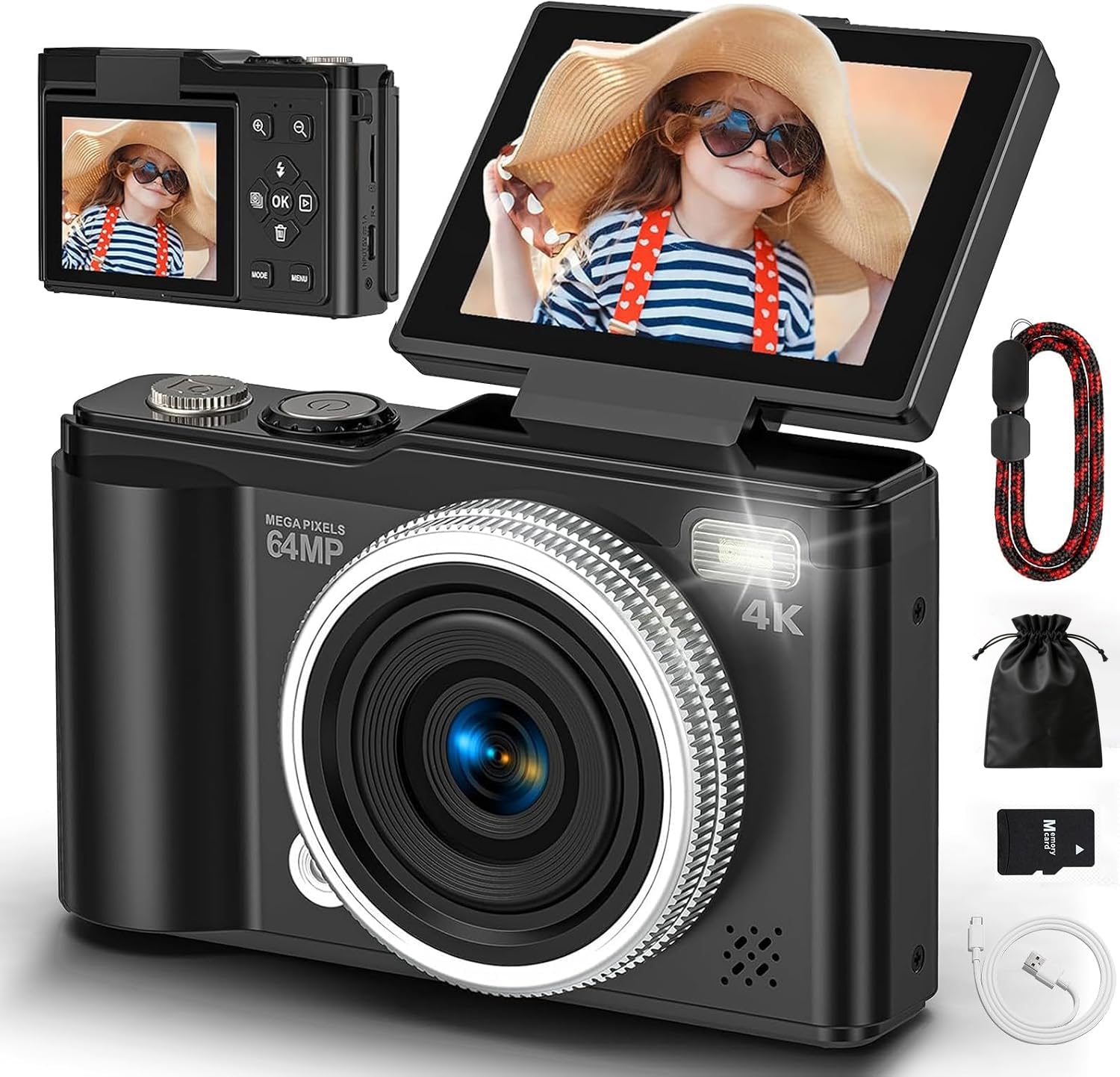 Digital camera 4K 64MP, Autofocus Compact Vlogging Camera with SD Card