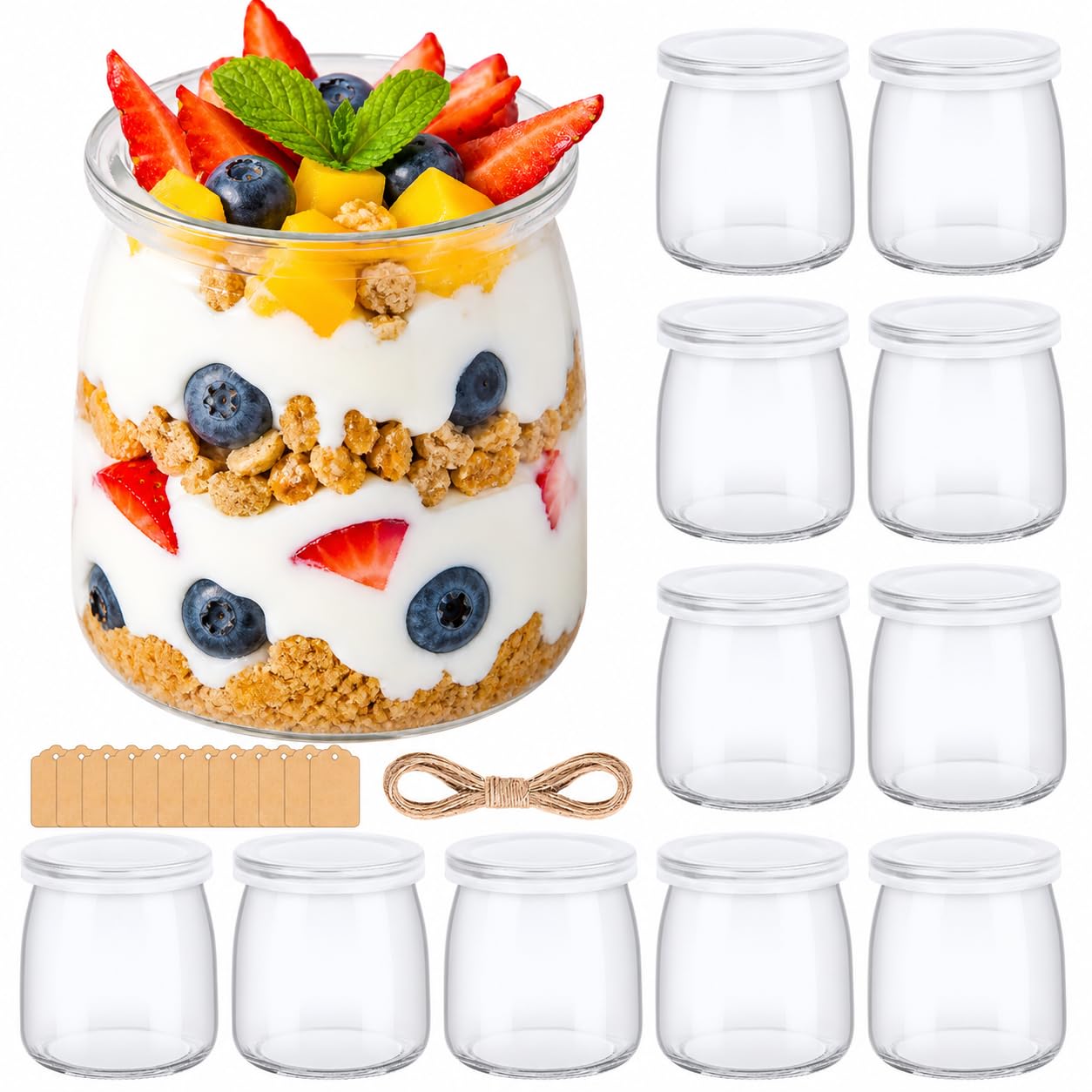 12 pezzi Vasetti per Yogurt con Coperchio 200ml, Piccoli Vasetti Yogurt Vetro, Barattoli per Yogurt, Contenitori in Vetro per Budino e Yogurt