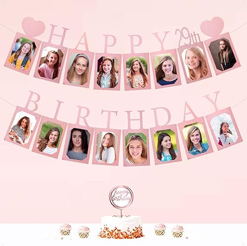 Miniatura 5 de Decoraciones y suministros de feliz cumpleaños 29 para niñas, pancarta de fotos de cumpleaños de oro rosa para mujeres