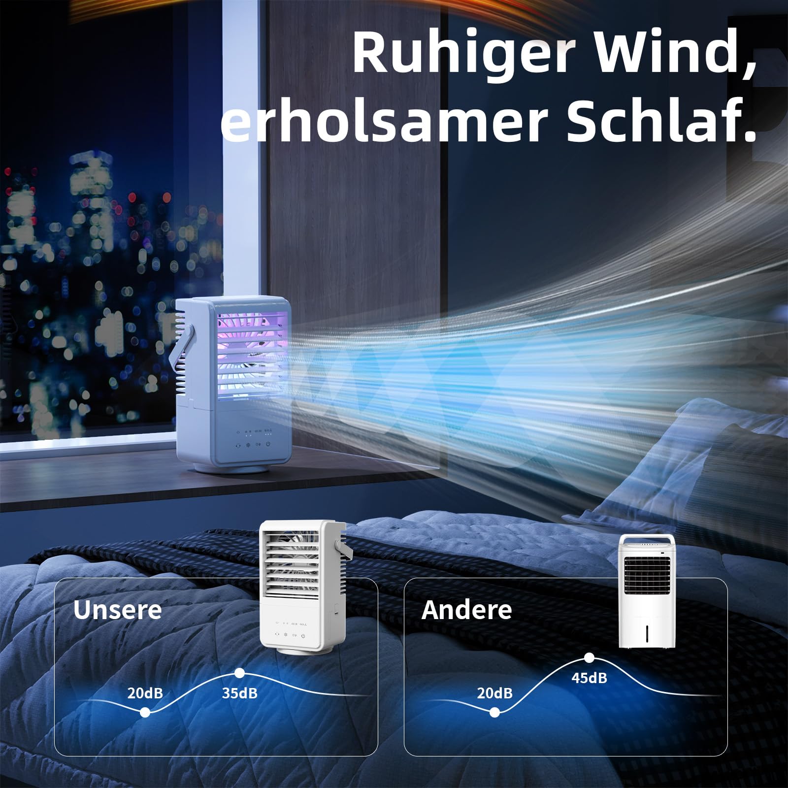 Condizionatore Portatile 1000ml, 3 Velocità, 2 Modalità, Radiatore Aria, Basso Consumo, Serbatoio Grande Capacità, Oscillazione 90°, Luce RGB, Touch Screen, USB-C, Silenzioso, per Casa/Ufficio