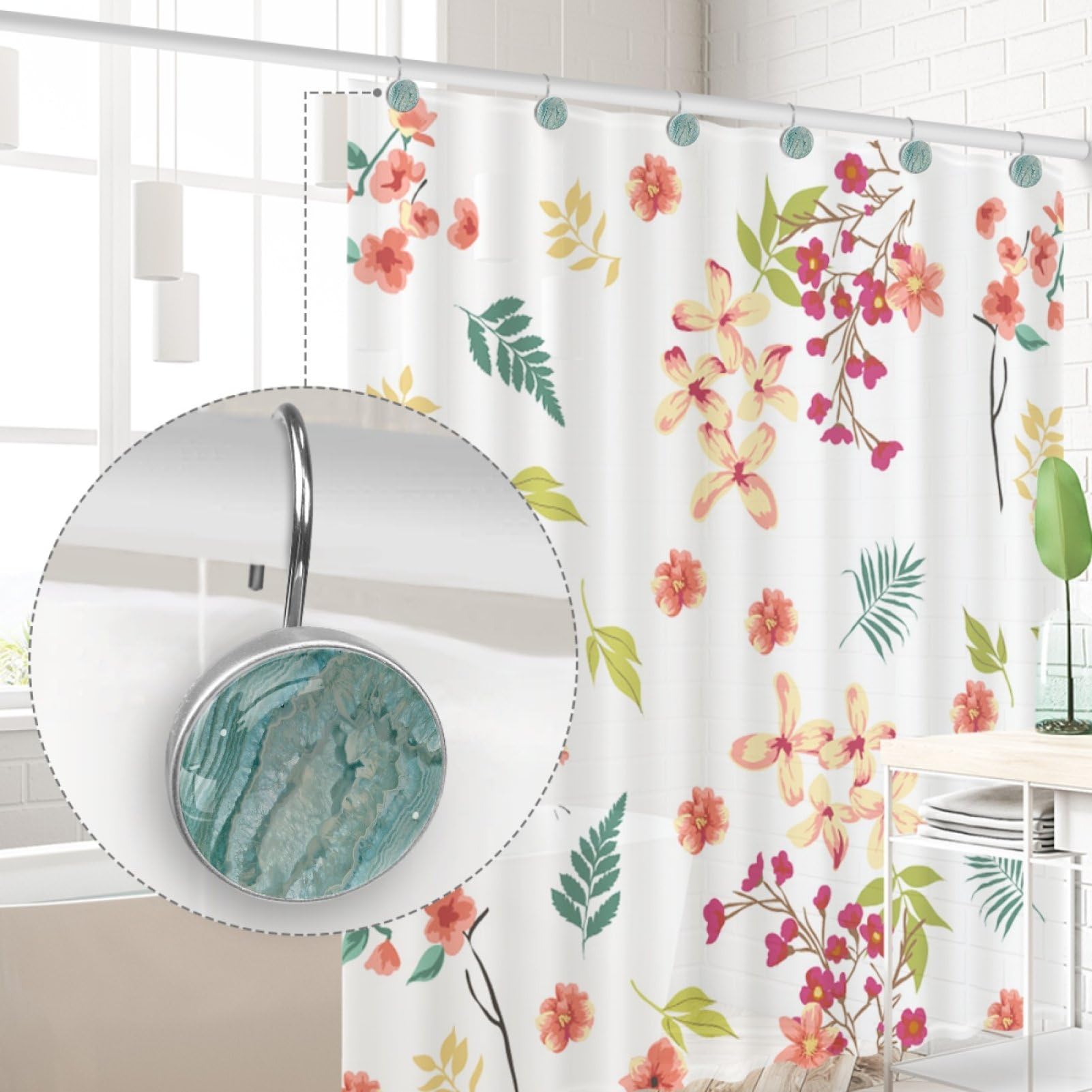Lot de 12 crochets de rideau de douche texturés en agate bleu sarcelle, antirouille et décoratifs pour salle de bain, chambre à coucher