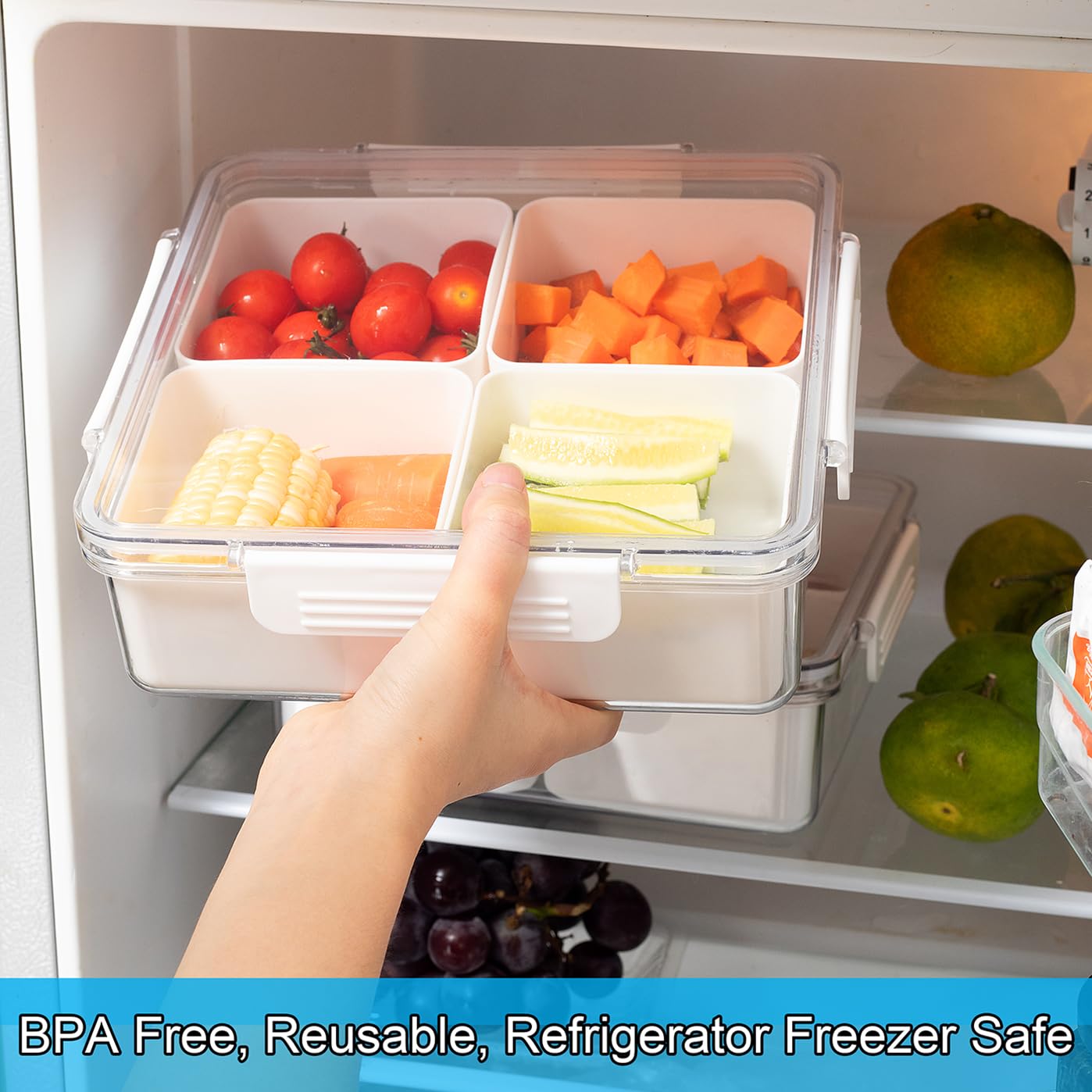 Paquete de 2 bandejas divididas para servir con tapa, 4 compartimentos extraíbles, contenedores de almacenamiento de alimentos de frutas, caja organizadora de plástico para verduras y verduras 2
