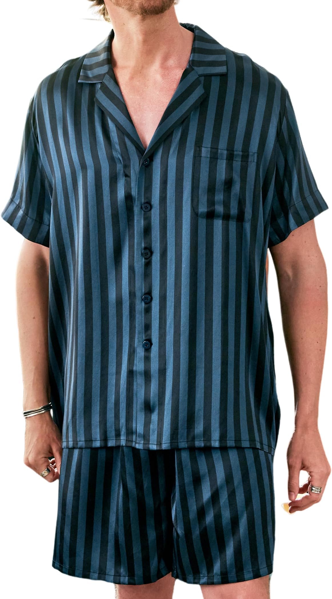 100% 19MM Mulberry Silk Pajamas for Men Short Sleeve Button Up Mens Silk Pajama Set for Summer Pjs