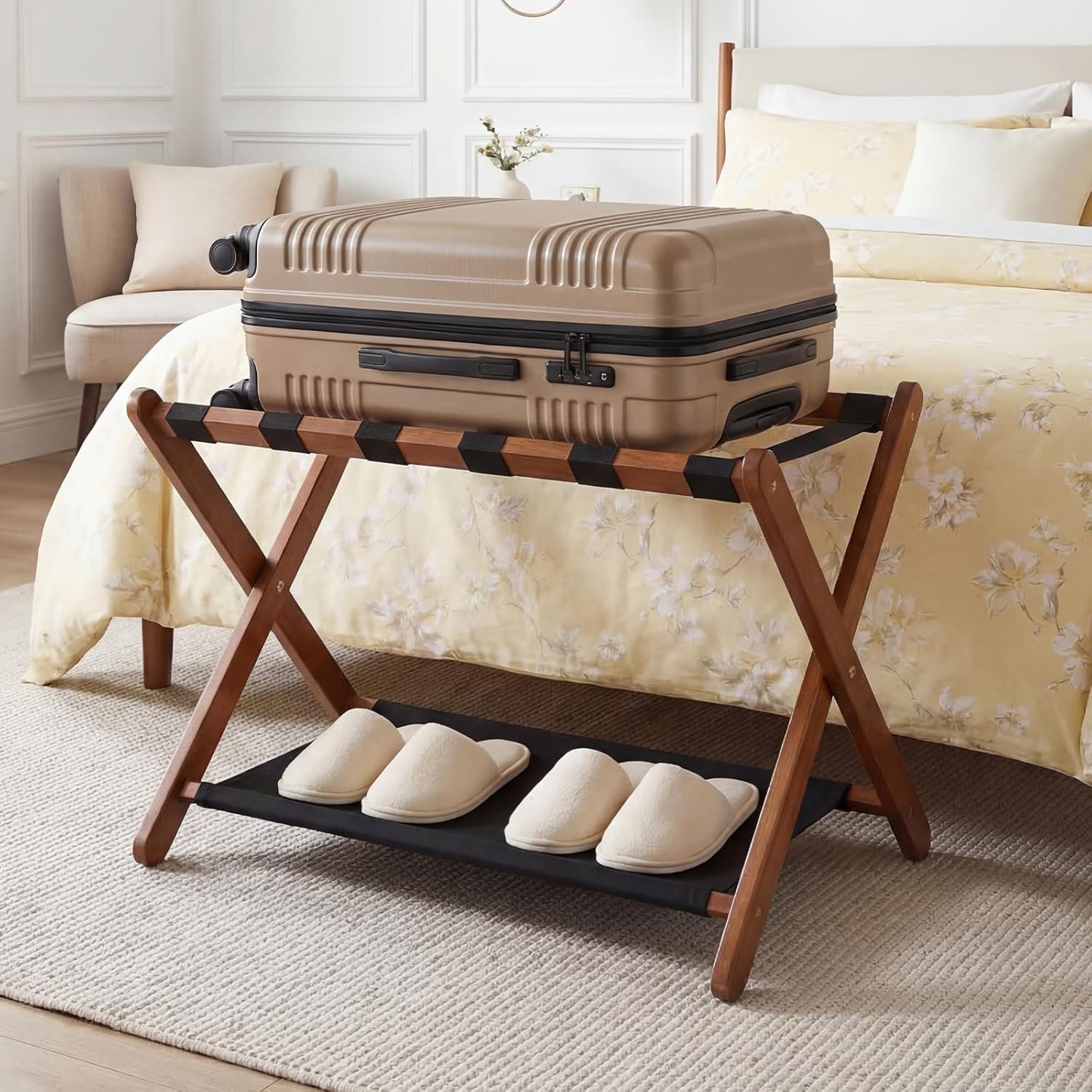 Giantex Folding Luggage Rack, Solid Rubber Wood Suitcase Stand with Storage Shelves, No Assembly, Portable Compact Luggage Holder for Bedroom, Guest Room, Hotel, Holds up to 132 lbs, Walnut