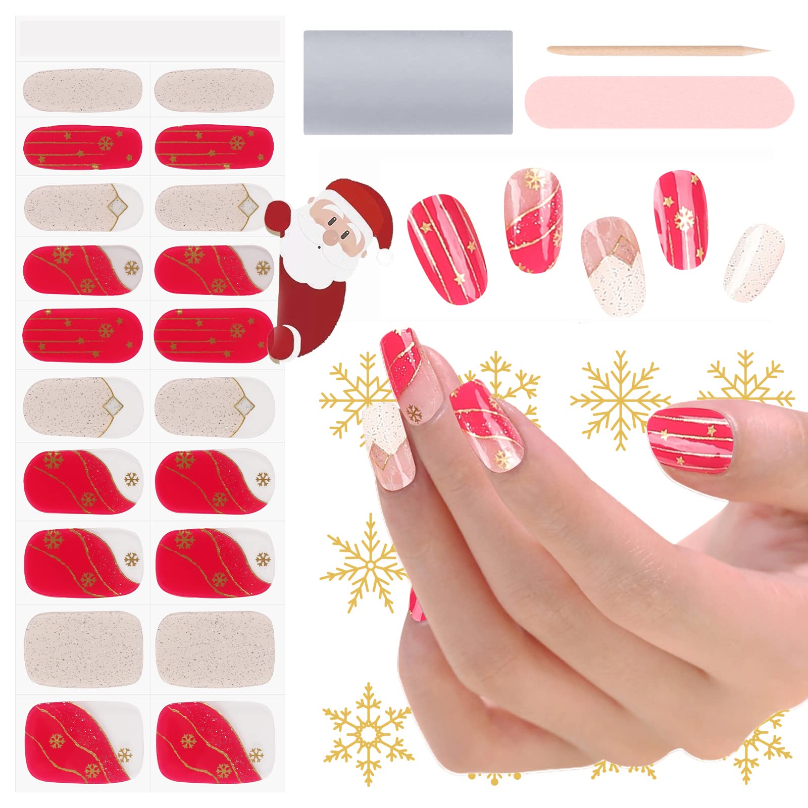 EBANKU Christmas Cured Gel Nail Strips, 20 Stickers Nail Gel Polish Strips Snowflake Star Christmas Nail Polish Stickers for Women Girls DIY Nail Art (UV/LED Lamp Required)