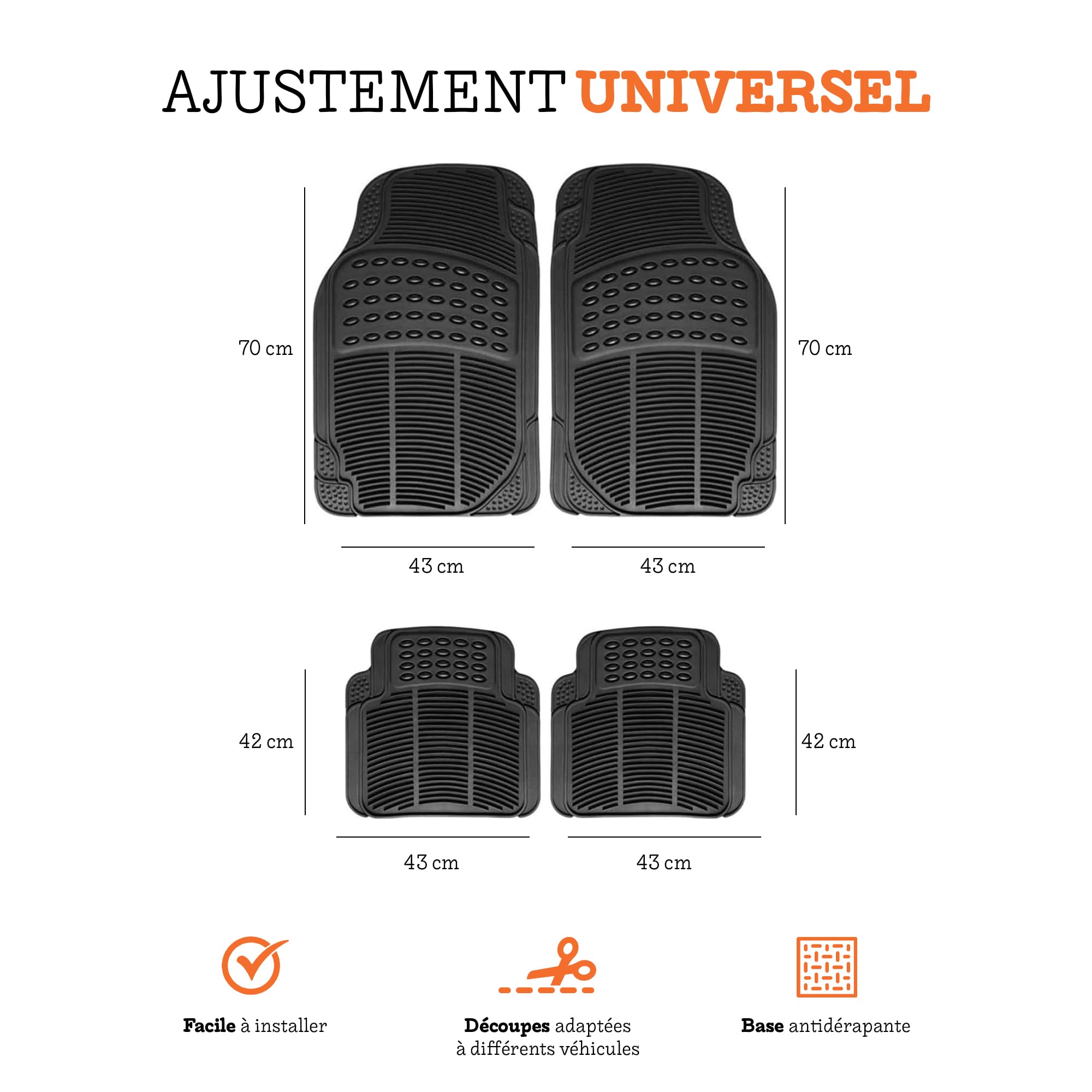 Tapis de Sol Voiture universels, Lot de 4 (2 Avant et 2 arrière), Tapis antidérapant, Tapis Caoutchouc PVC Souple, découpables et faciles à Nettoyer.