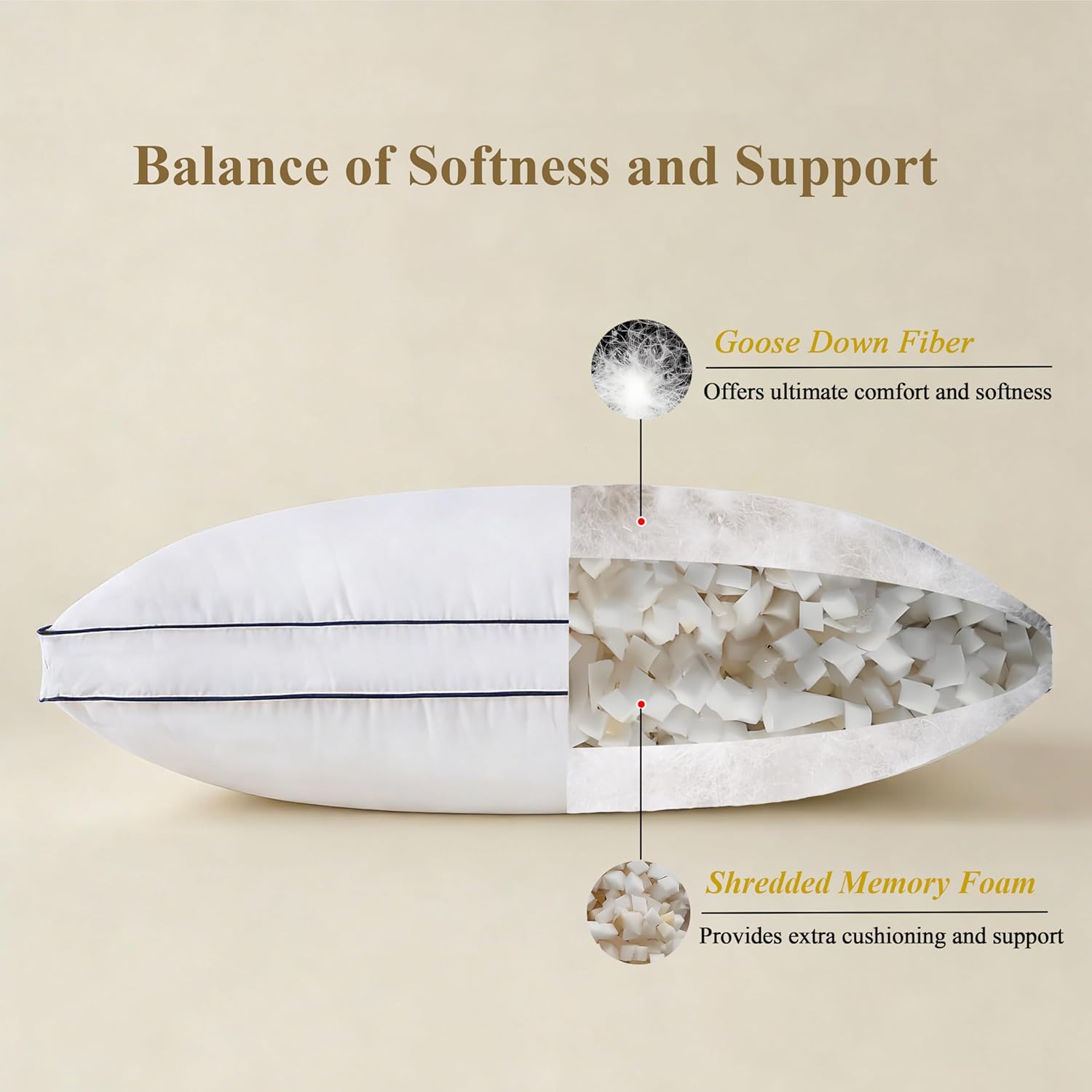 DOWNCOOL Goose Down Bed Pillows King Size Set of 2, Pillow Soft Support for Side, Back or Stomach Sleepers, for Better Sleep Experience, White 20" x 36"