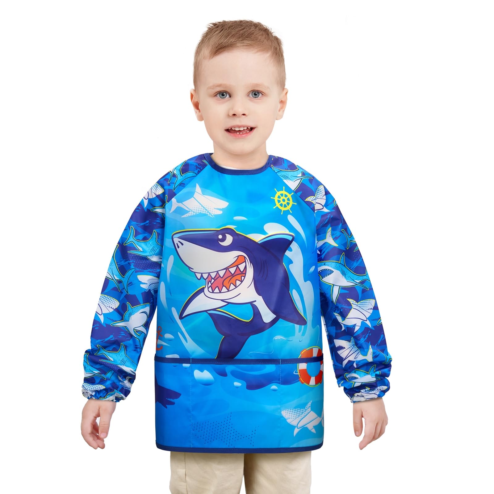 WERNNSAI Kids Art Smock for Boys - Shark Kids Aprons Waterproof Toddler Art Painting Smock for Boy 3-6 with Long Sleeve and 3 Pockets Painting Eating Cooking Baking Gardening Apron โ image 1