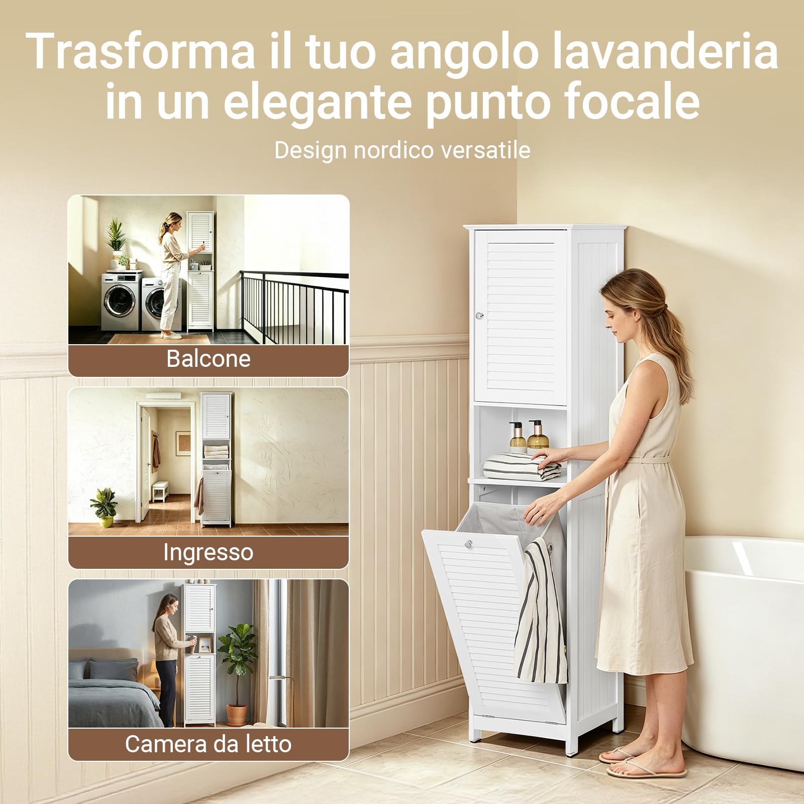 SoBuy Mobile Bagno Salvaspazio con Portabiancheria Armadietto Bagno Alto e Stretto per Ambienti Compatti, Mobiletto con Ripiani, Mobile Lavanderia Bianco 40x170x38 cm BZR124-W