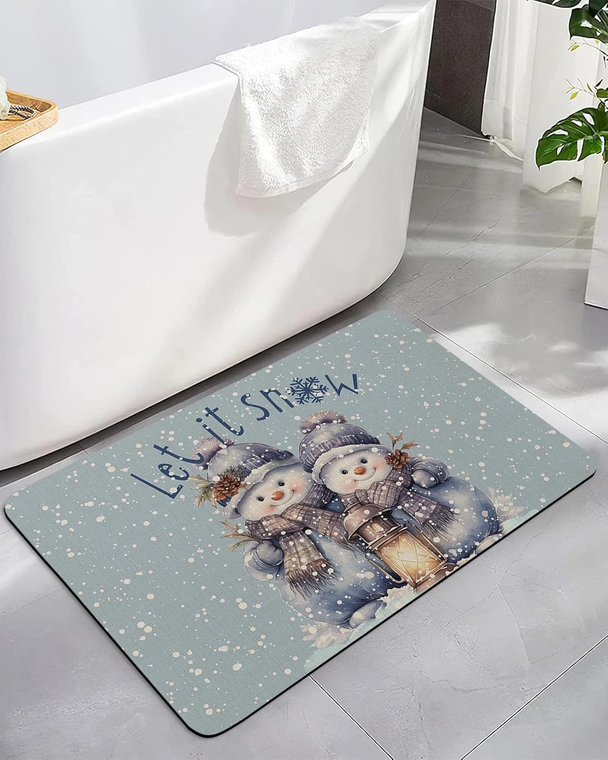 Christmas Snowman Diatomite Bath Mat for Bathroom, Shabby Chic Snowflake Pine Cone Super Absorbent Floor Mat Washable Quick Drying Diatomaceous Mat for Bathroom Shower Sink Floor Runner Rugs 18x30