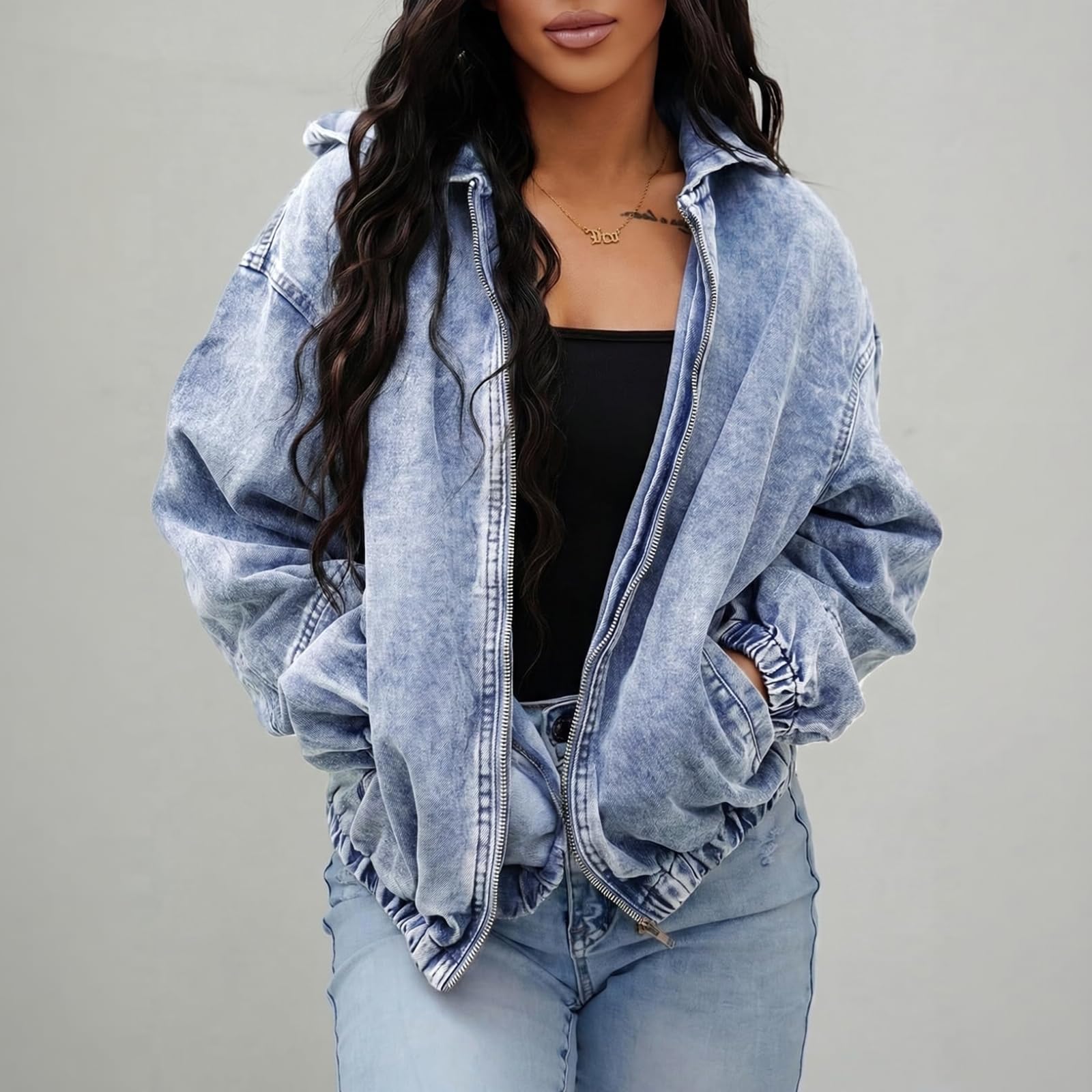Generisch Jeansjacke Damen Vintage Übergangsjacke Denim Jacket Mit Kapuze