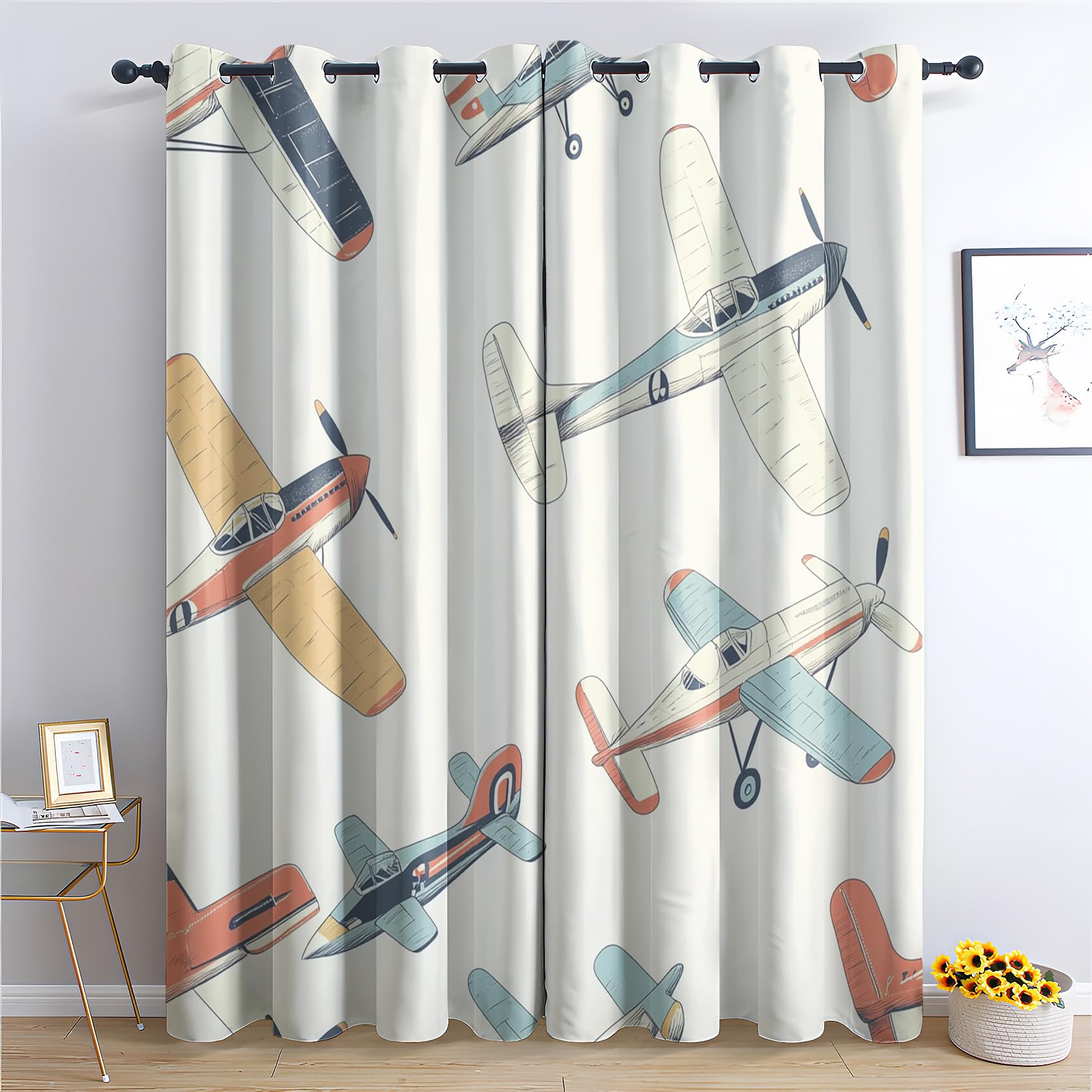 DlaQoryx Cartoon Aircraft Blackout Curtains Flying Airplane Curtain for Living Room, Bedroom Home Decor Window Drapes, 66x90 Inch 2 Panels Extra Wide Eyelet Thermal Curtains