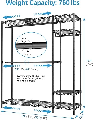 Miniatura 6 de VIPEK X20 Expandable Metal Clothing Rack Adjustable from 3'3" to 4'8" Heavy Duty Garment Racks with Adjustable Shelves and Hanger Rods Portable Negro