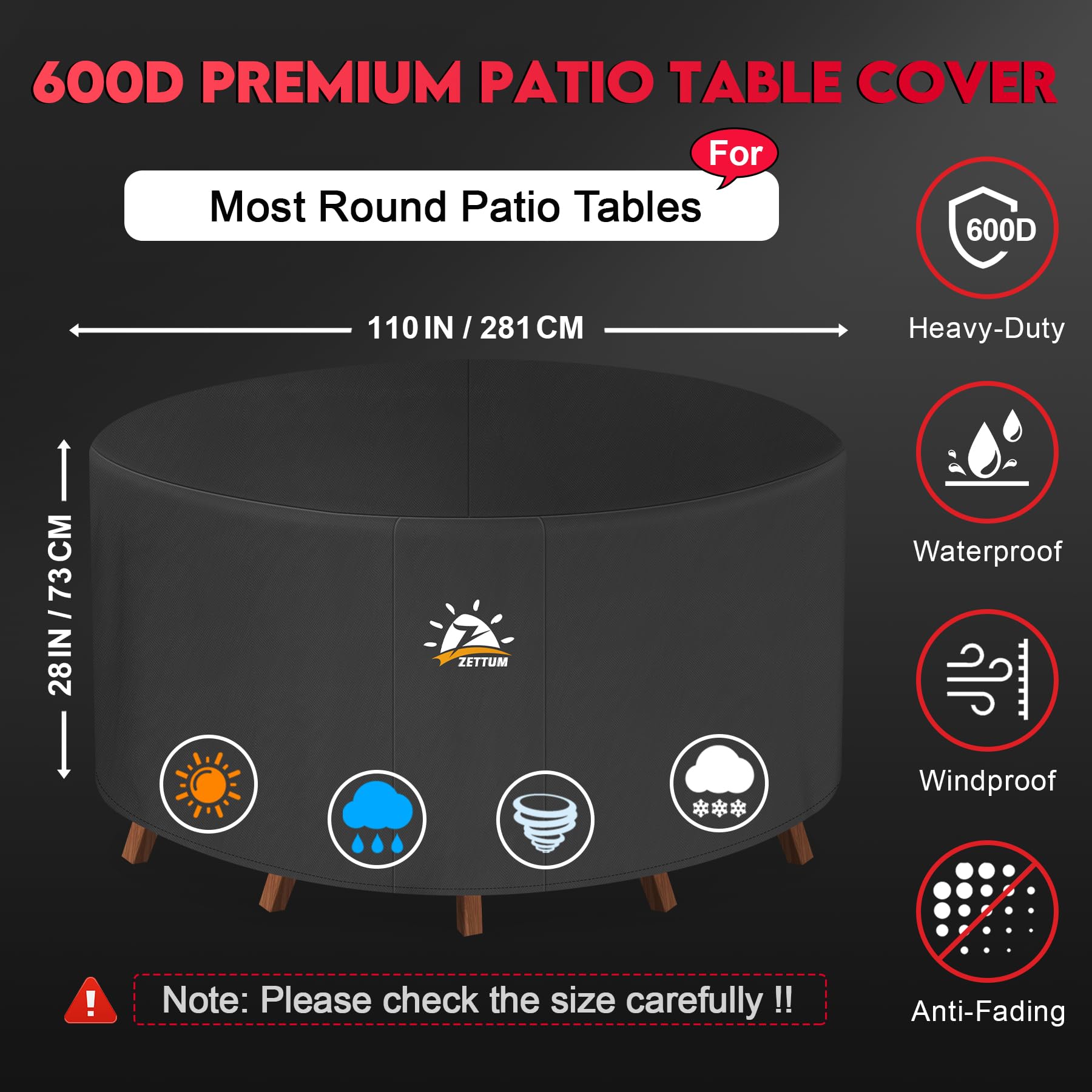 Zettum Abdeckung für Gartenmöbel Ø281 x 73 cm, Gartentisch Abdeckung 600D Oxford PU Möbbelsets Abdeckhaube, Wasserdichtes & Heavy Duty Rund Schutzhülle für Loungemöbel, Terrassenmöbel