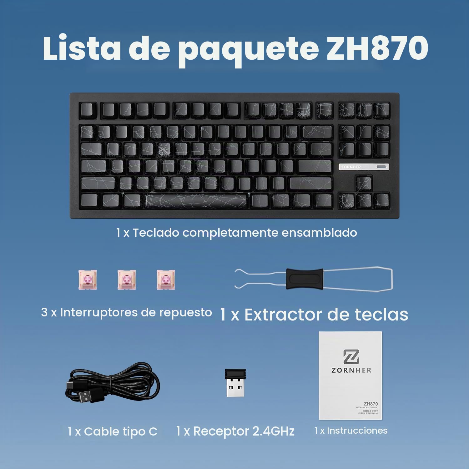 ZORNHER ZH870 Teclado mecánico inalámbrico para juegos, teclado de sonido cremoso personalizado 80%, interruptores lineales prelubricados, intercambiables