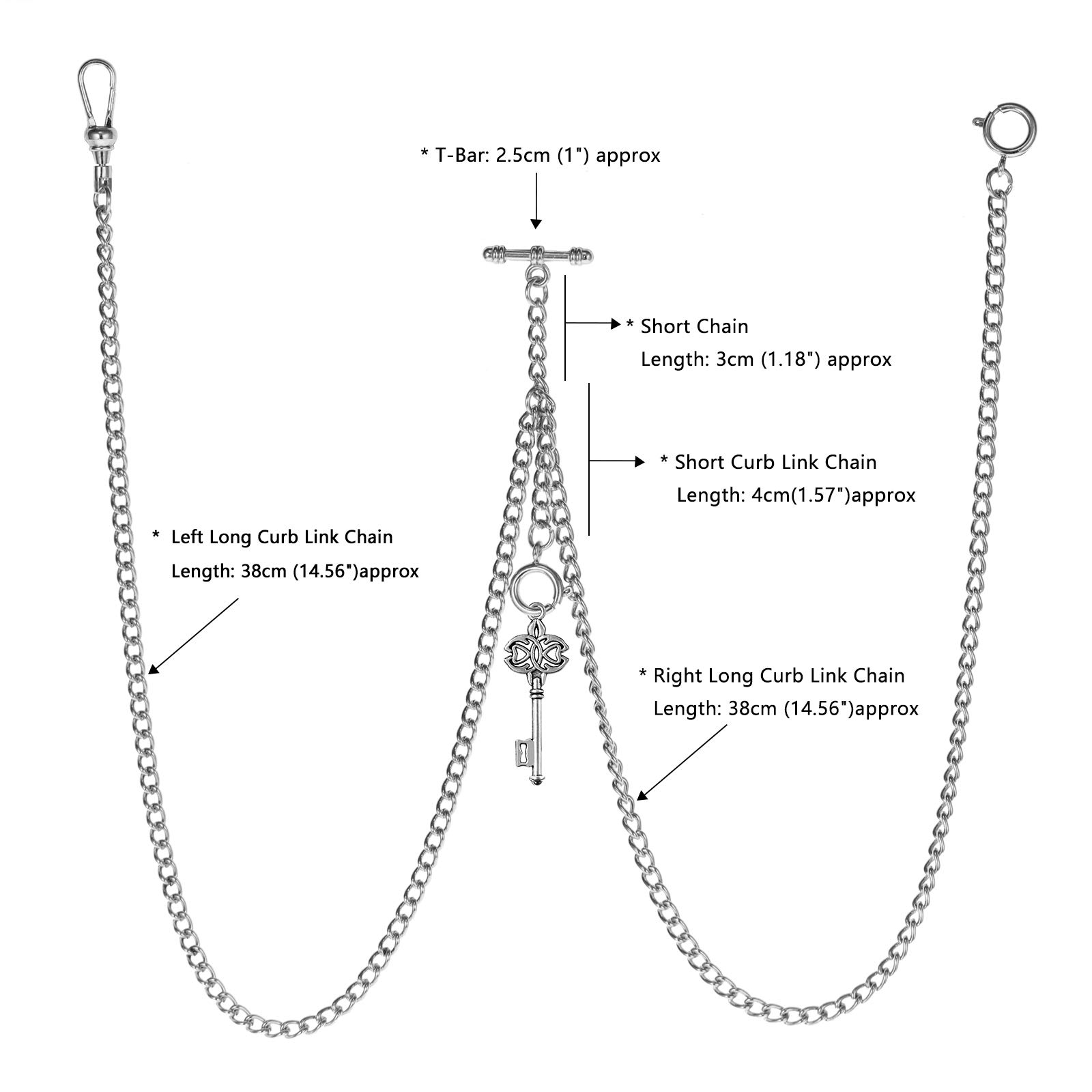 TREEWETO Montre à gousset double chaîne Albert pour homme avec 3 crochets avec pendentif en forme de clé antique