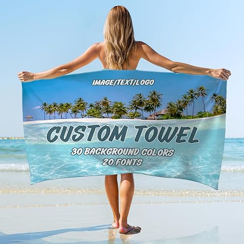 Vista 17 de Toalla de playa personalizada con texto, imagen, logotipo, toallas de playa de microfibra, toalla de secado rápido para viajes, playa, piscina, baño