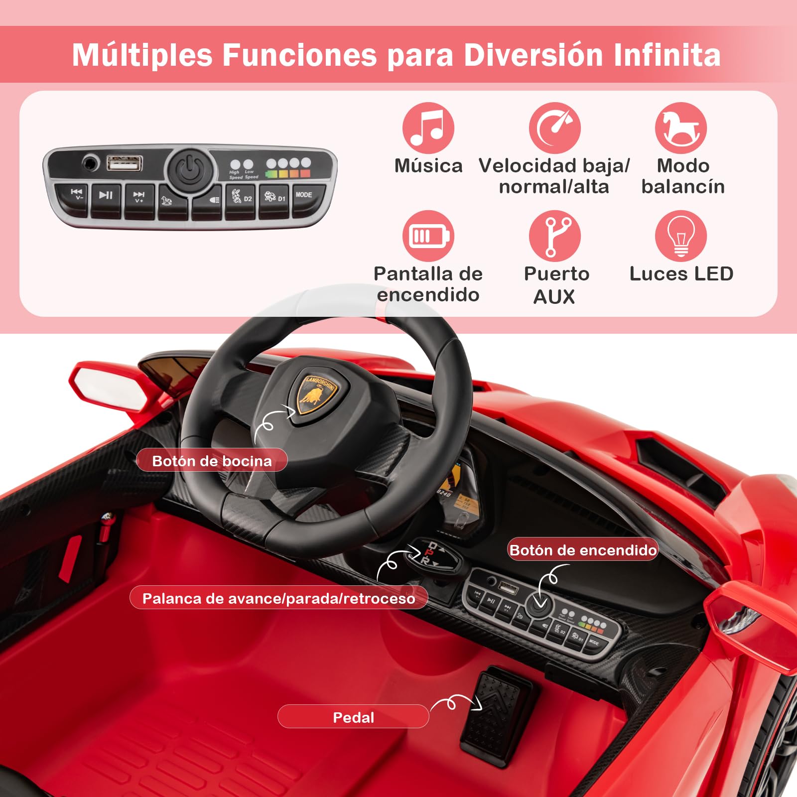 GOPLUS Coche Eléctrico Infantil 12V, Coche Infantil Lamborghini 1 Plaza, Mando a Distancia 2.4G, Puertos AUX y USB, Multimedia, para Niños de 3 a 8 Años, Carga 30KG (Rojo)