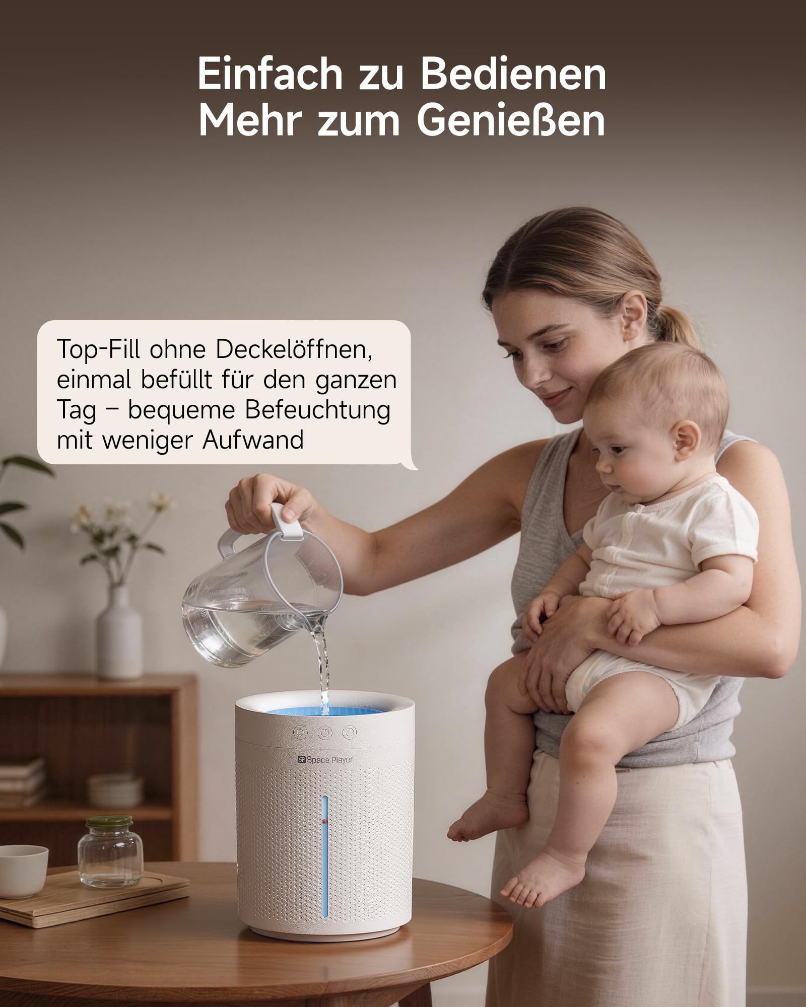 Space Player Luftbefeuchter Schlafzimmer Leise 3L Top-Fill Ultraschall, Kabellos 4000mAh Akku, Kaltnebel Luftbefeuchter mit Timer 2-8H, Auto Abschaltung Nachtlicht für Baby Kinderzimmer Büro Pflanzen