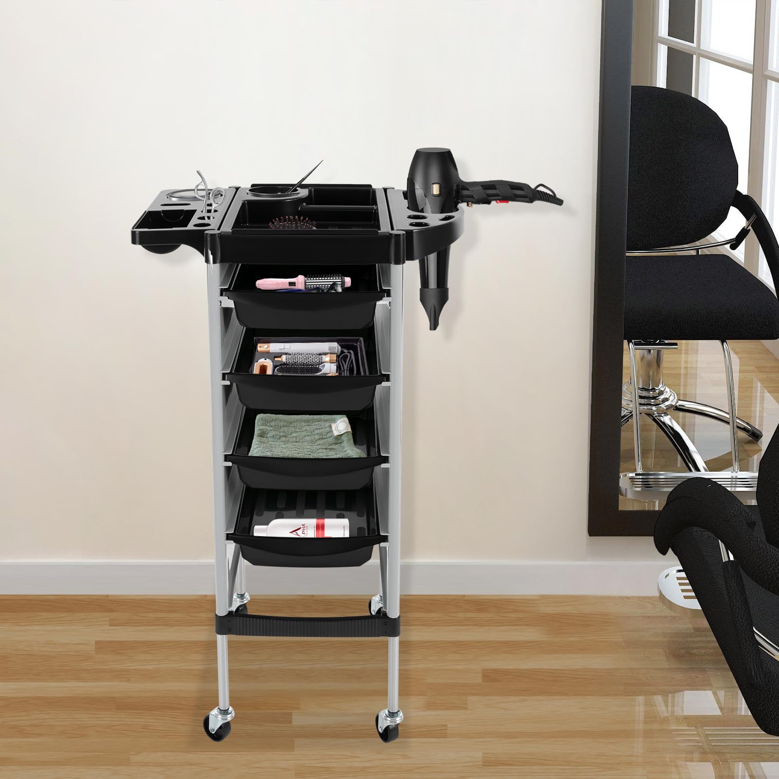 Carrito de peluquería de 5 pisos con cajones | Carrito de salón móvil | Carrito de trabajo para peluquería y salón de belleza | Marco estable de acero inoxidable