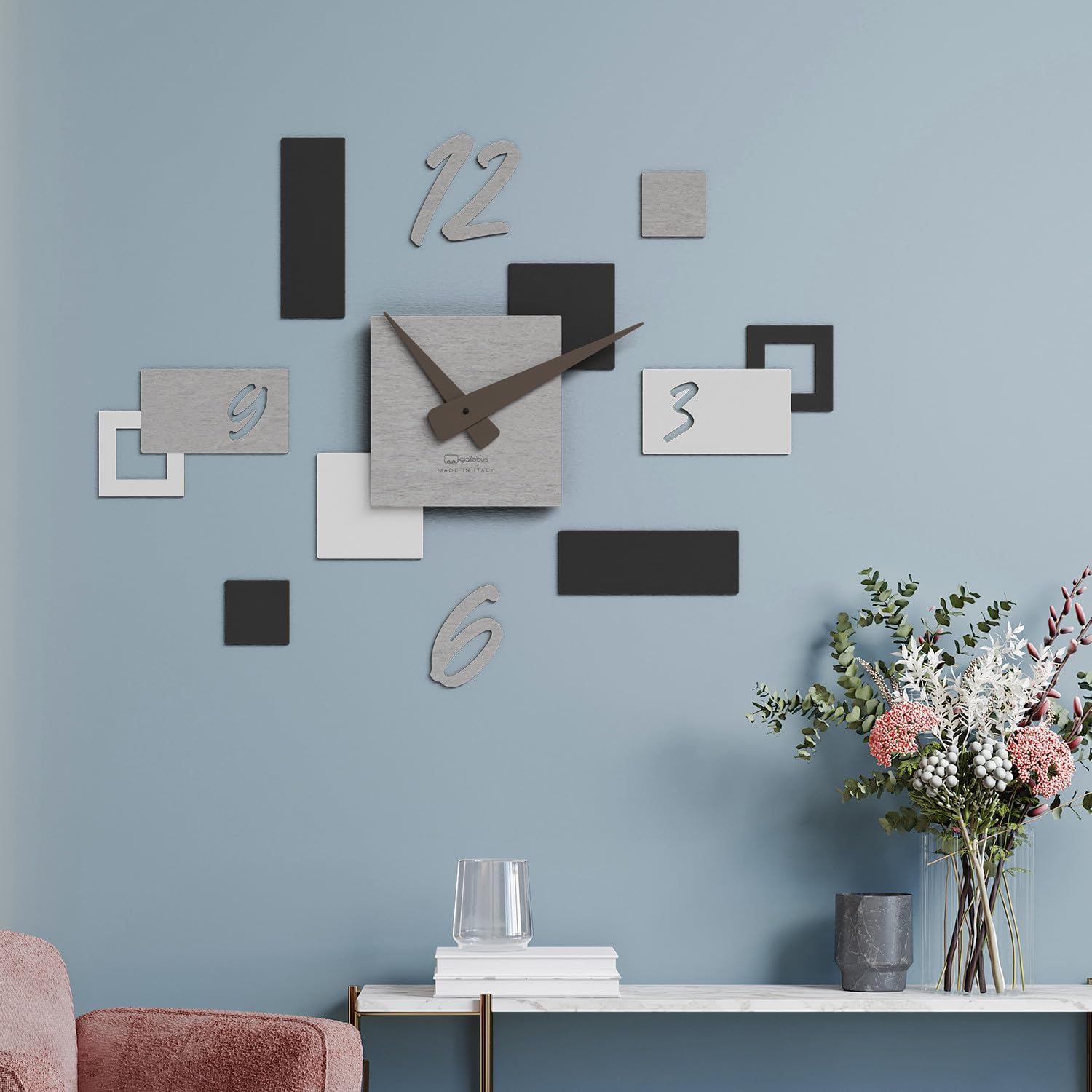 Giallobus - Reloj Geotime - Stone - Madera de MDF - Geotime - 09S_Drift - Reloj de Pared Moderno - Números Adhesivos 3D - Construcción Modular