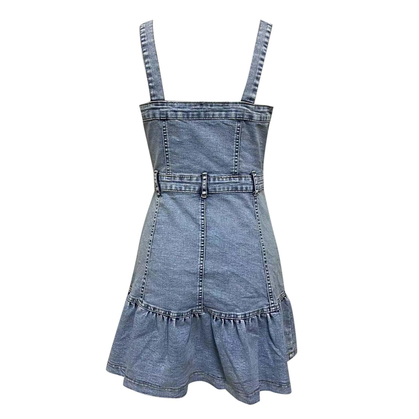 Vestido Mujer Casual Tirantes Cuello Cuadrado Vaquero Botones Tipo Tubo. Falda Mini Cute con Volantes. Vestidos Verano Mujer Moderno.