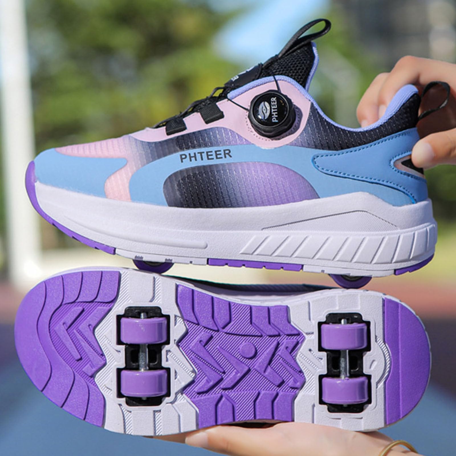 Surwin Chaussures roulettes Enfant, Couleur Dégradée Chaussures de Skateboard Fille Garçon avec 4 Roues Basket à roulettes Boucle Pivotante Sneakers Roller Skateboarding Shoes